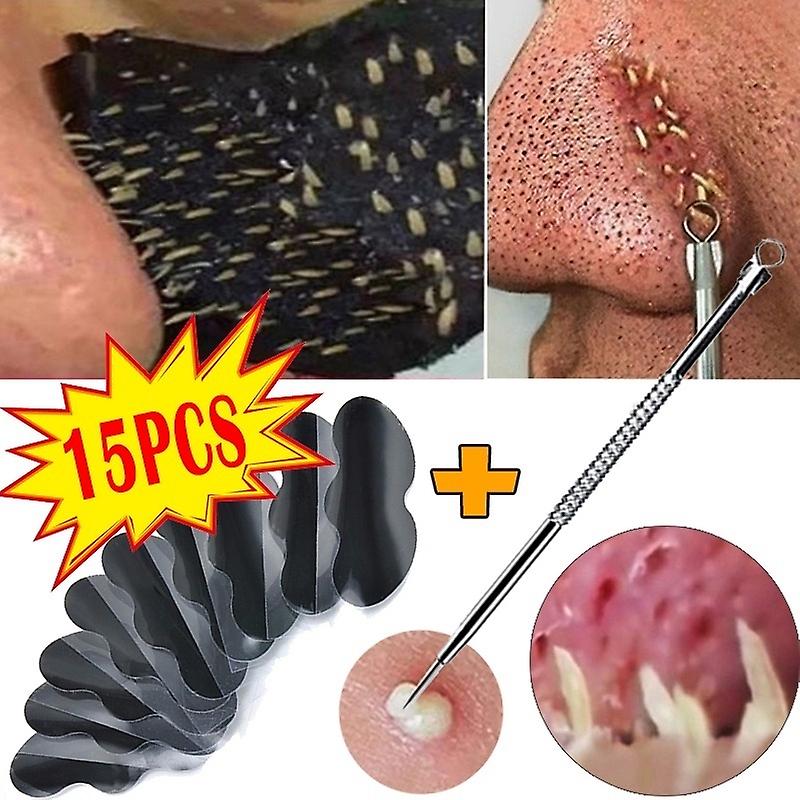 15pcs Blackhead Acne Nose Mask With 1pc Blackhead Needle Deep Clean Bamboo Charcoal Mineral Nose Acne Removal Stickers