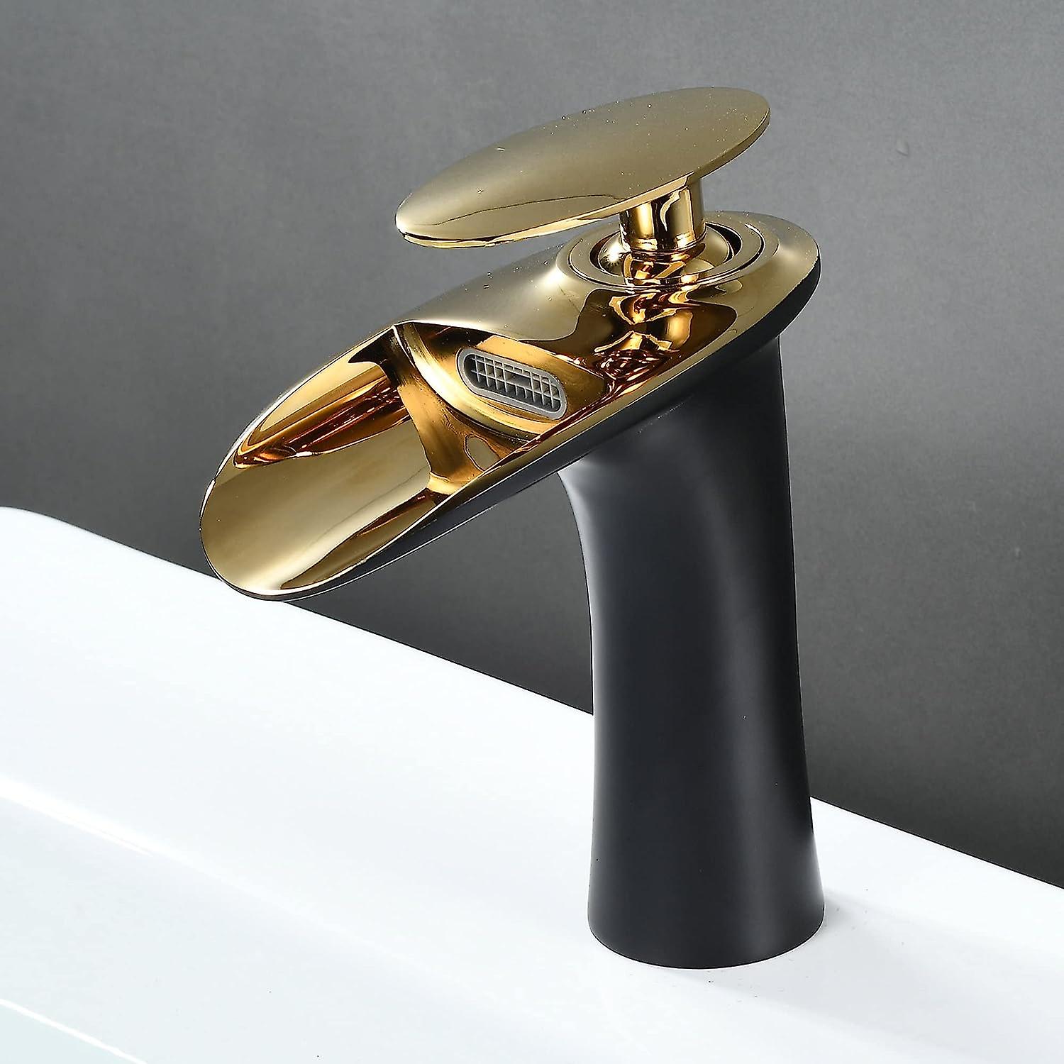 Gold Black Waterfall Basin Faucet, Elegant Design Bathroom Faucet, Single Handle Basin Faucet Brass Taps, Hot and Cold Water Available