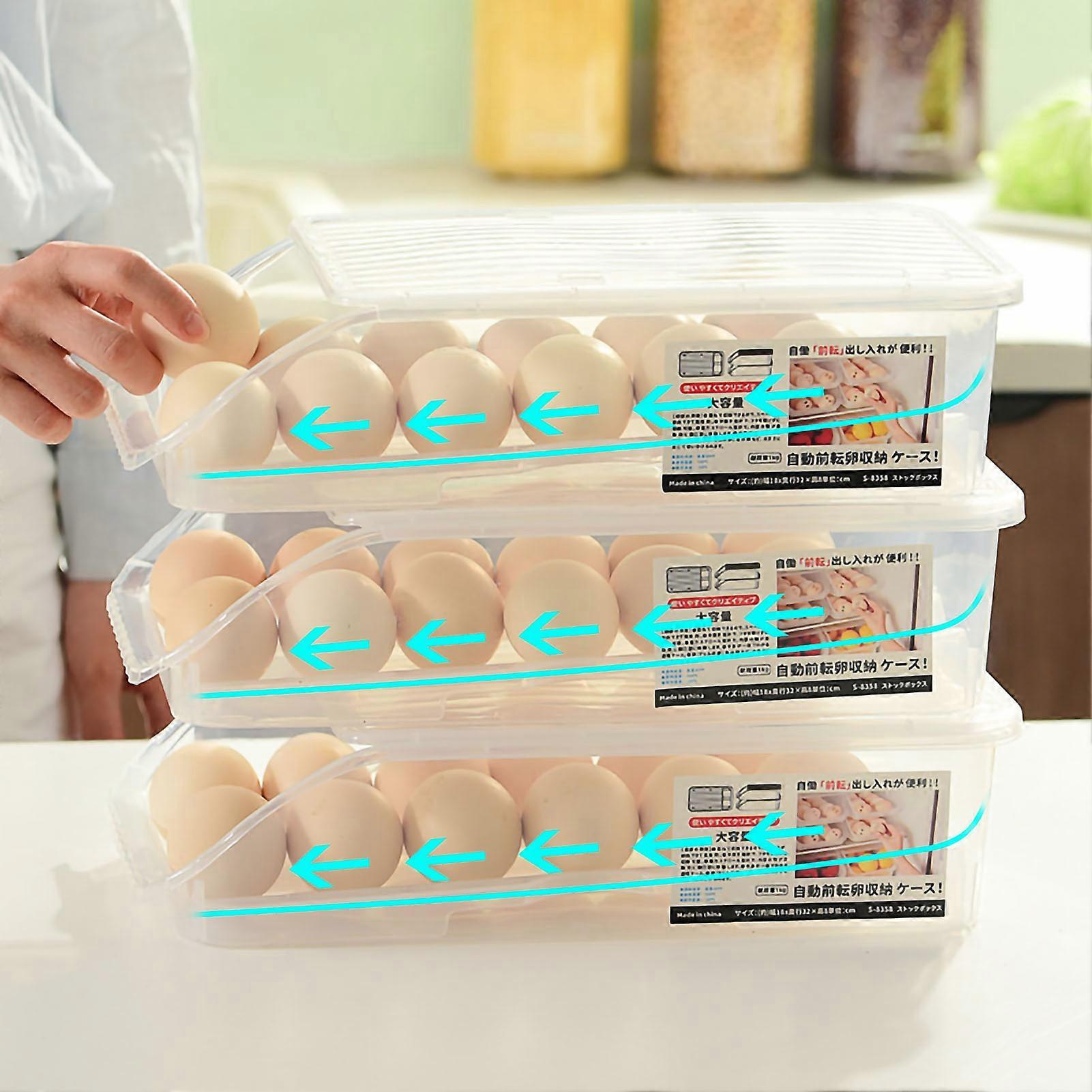 Egg Storage Box Plastic Automatic Rolling Transparent Thickened Grooved Egg Storage Container for Refrigerator Kitchen White 