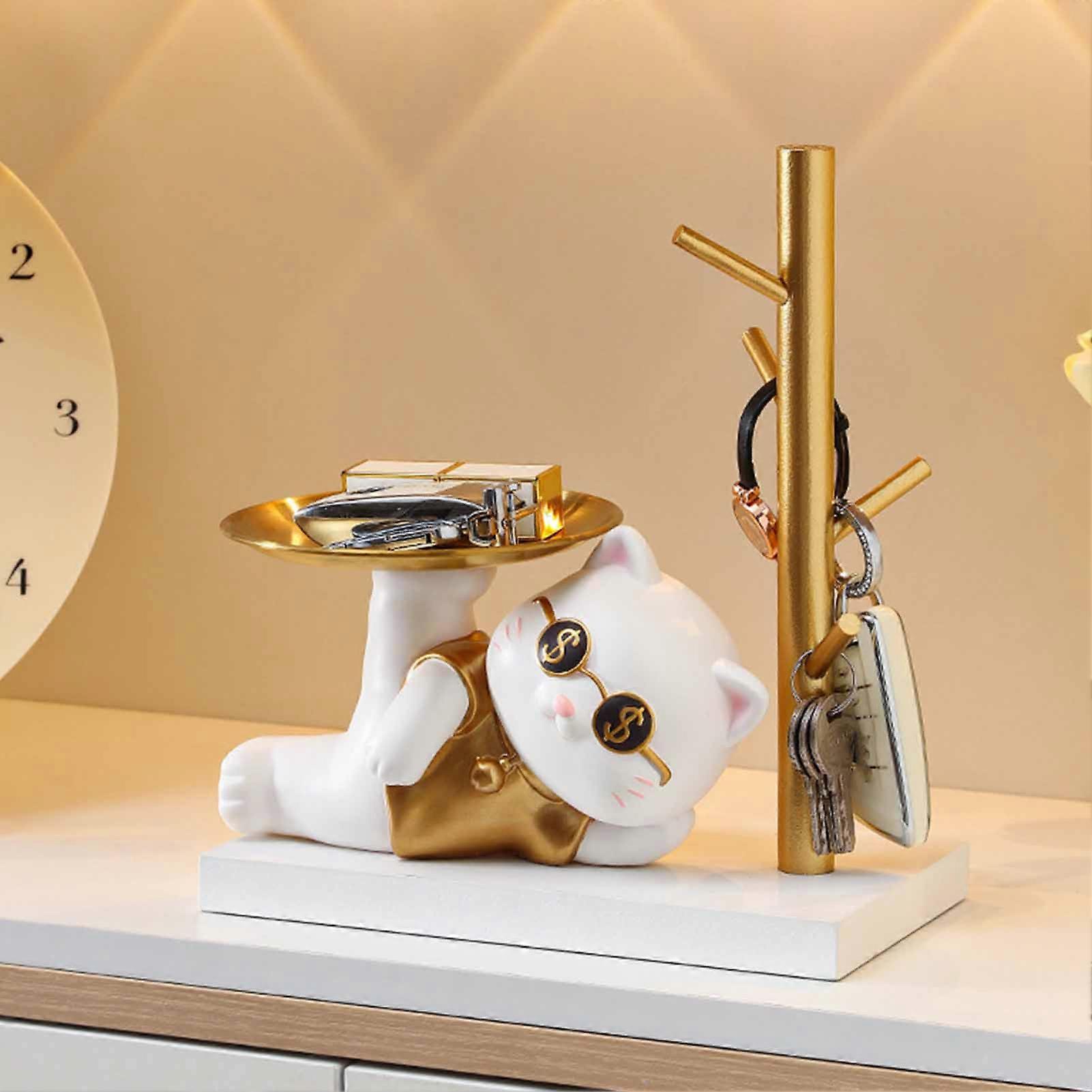 Cute Entryway Key Holder with Tray Cartoon Cat Design for Home Bedroom, Side Lying Cat Key Storage Organizer 23.5x13.5x27cm