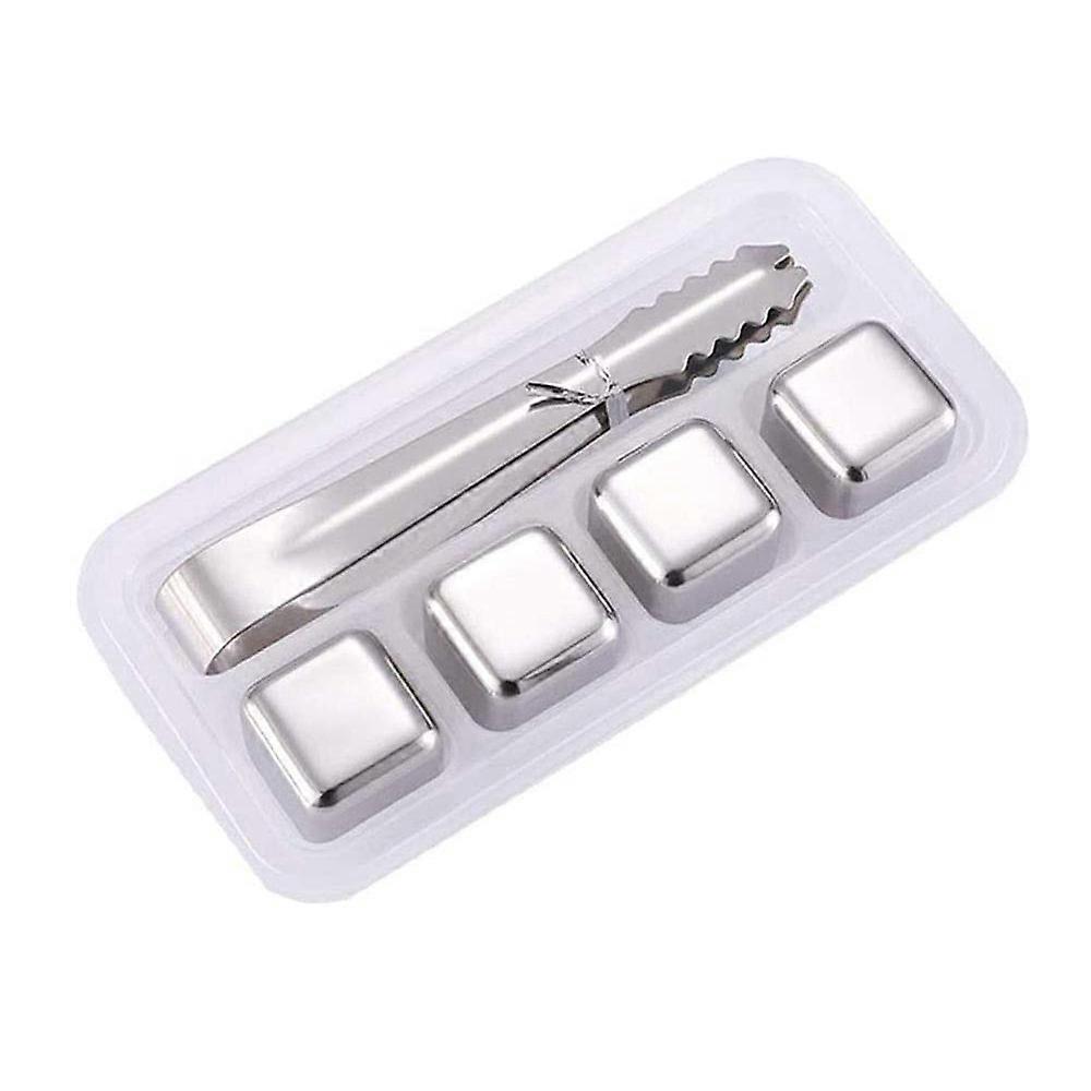 4 Piece Ice Cubes with Tong Reusable Stainless Steel for Whiskey Vodka