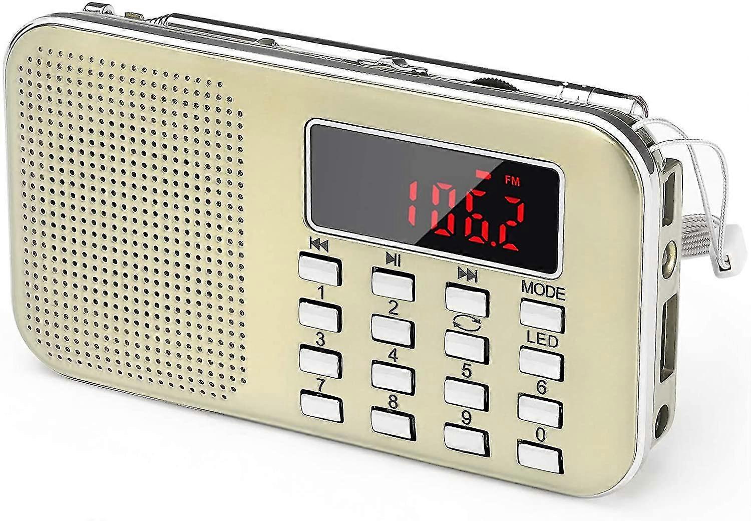 Mini Portable FM Radio with LED Flashlight, Micro SD/USB Support, Gold