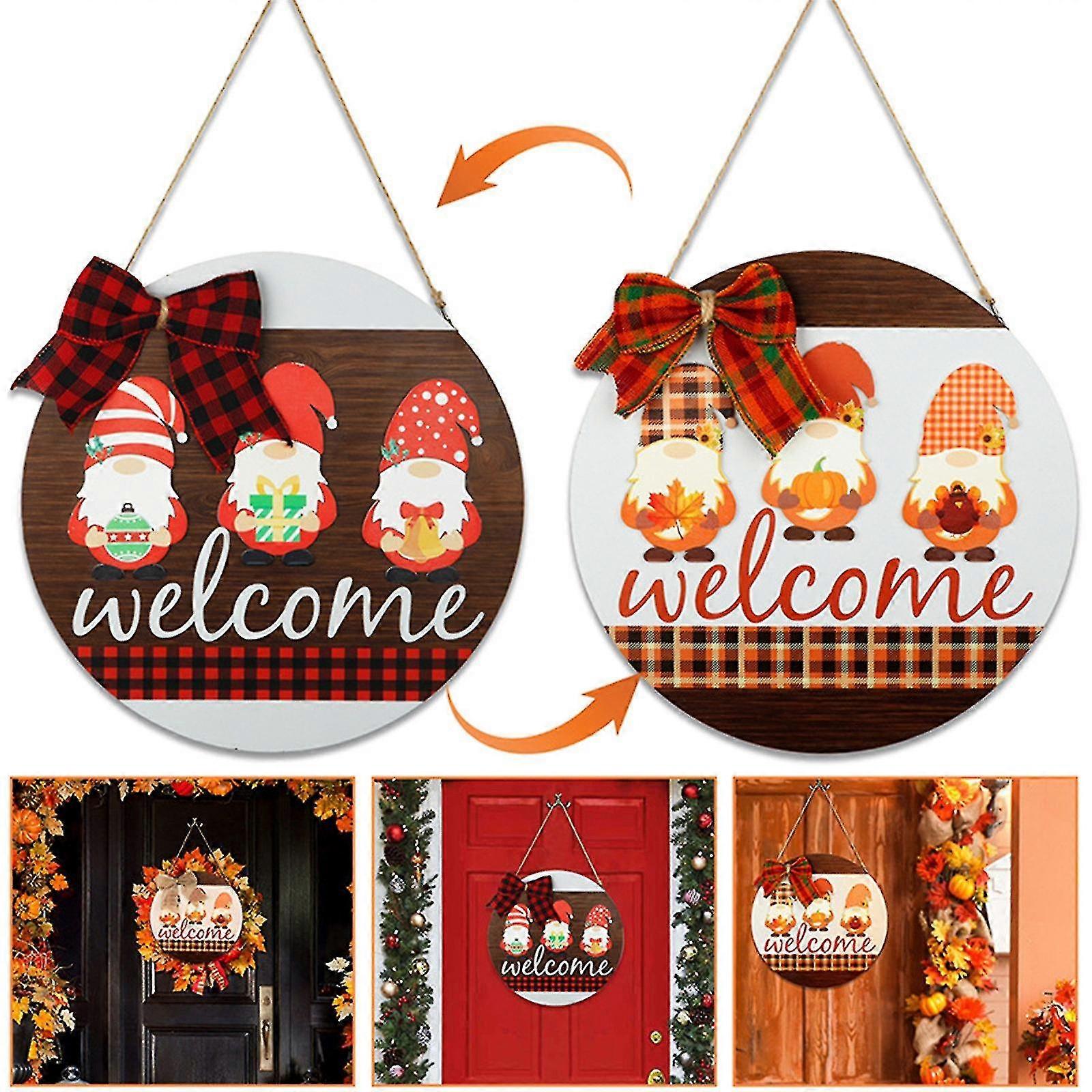 Double Sided Printed Gnome Wooden Sign For Fall And Christmas Decor Interchangeable Front Door Welcome Sign