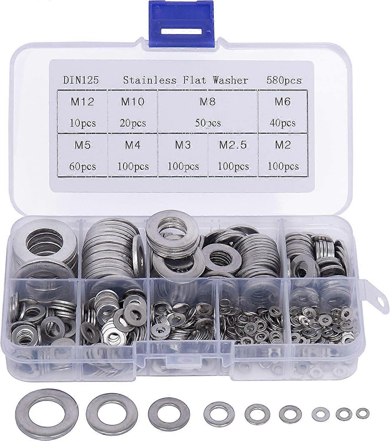 Metal Washers (580 Pieces) with Plastic Box - 9 Different Sizes