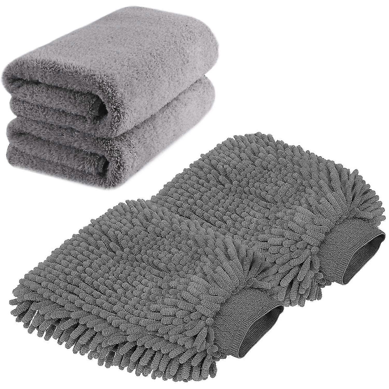 Großformatiger Mikrofaser-Autowaschhandschuh - Premium-Chenille-Waschhandschuhe (2x Tuch + 2x Handschuh)