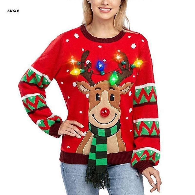 נשים LED להאיר סוודר חג המולד קריקטורה אייל לסרוג סוודר עליון