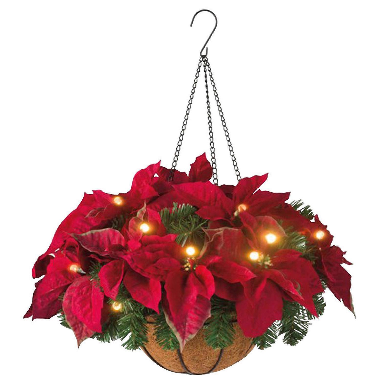 Xmas Hanging Basket with Silk Peony Flowers and LED Light String