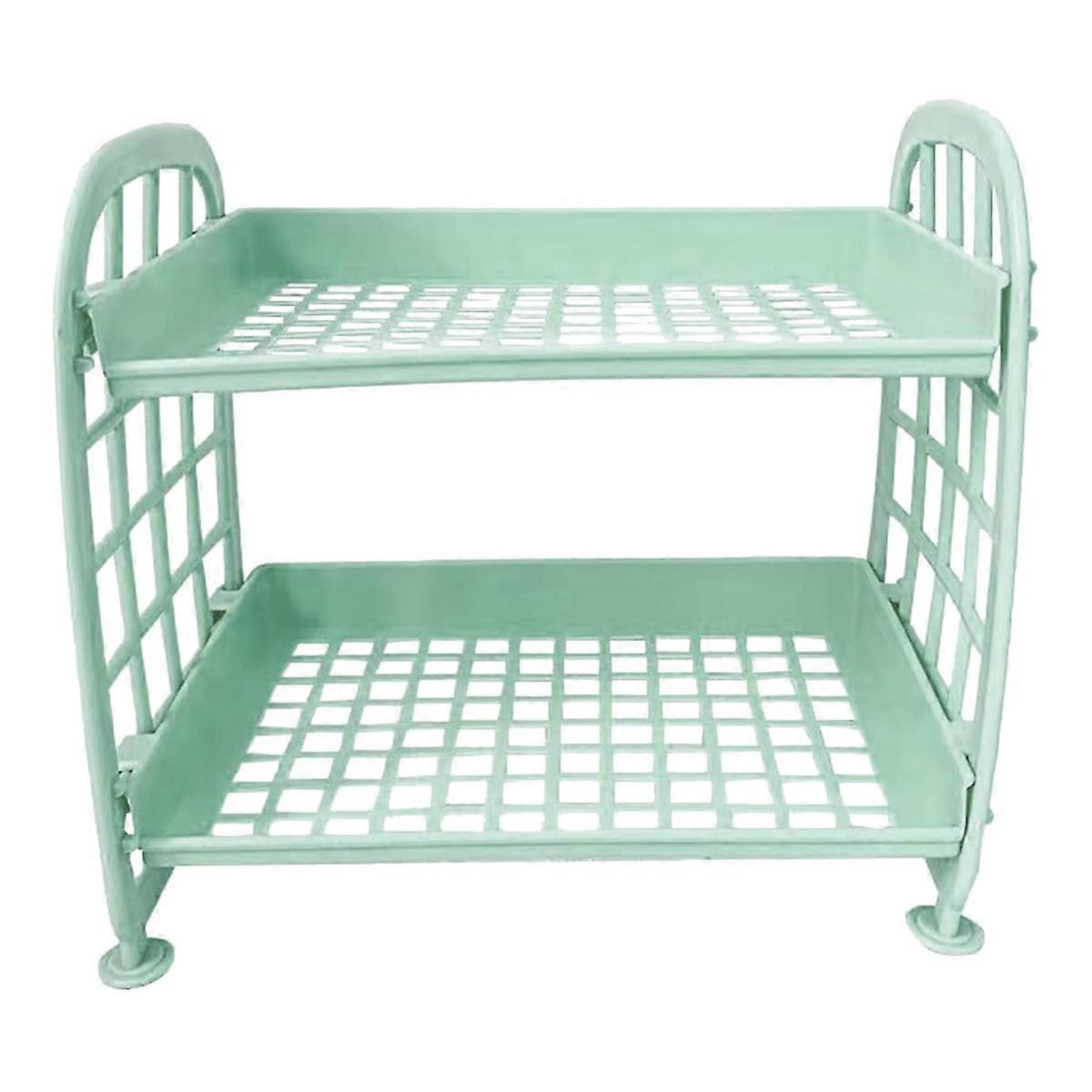 2-layer green desktop shelf, double-layer folding side railing design stackable cosmetic stationery storage rack