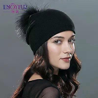 Autumn Winter Beanies Hat Unisex Knitted Wool Skullies Casual Cap With Real Raccoon Pompom Solid Colors Ski Gorros Cap