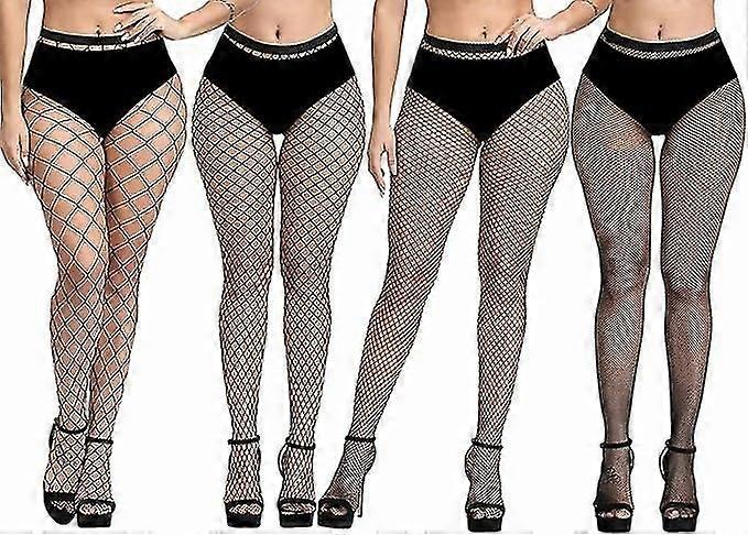 4 Pack Plus Size Fishnet Socks, Black Fishnet Tights Thigh Tights Stretch Anti Hook Tights