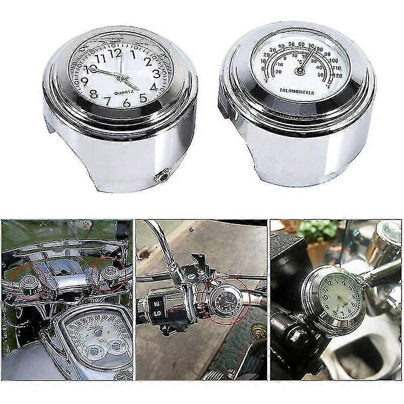 Waterproof 7/8" 1" Motorcycle Handlebar Clock with Luminous Dial & Thermometer, Silver