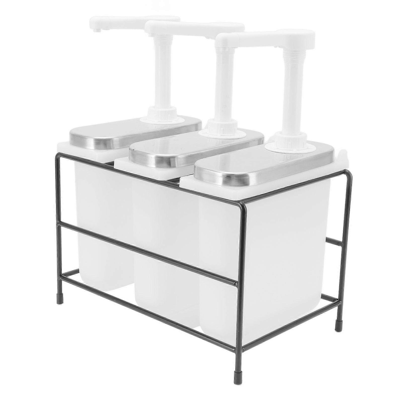 Hand Press Syrup Dispenser Hand Press Syrup Pump Dispenser Milk Tea Sauce Dispenser 3 Heads with Iron Frame 2L 40x18.5x35cm/15.7x7.3x13.8in