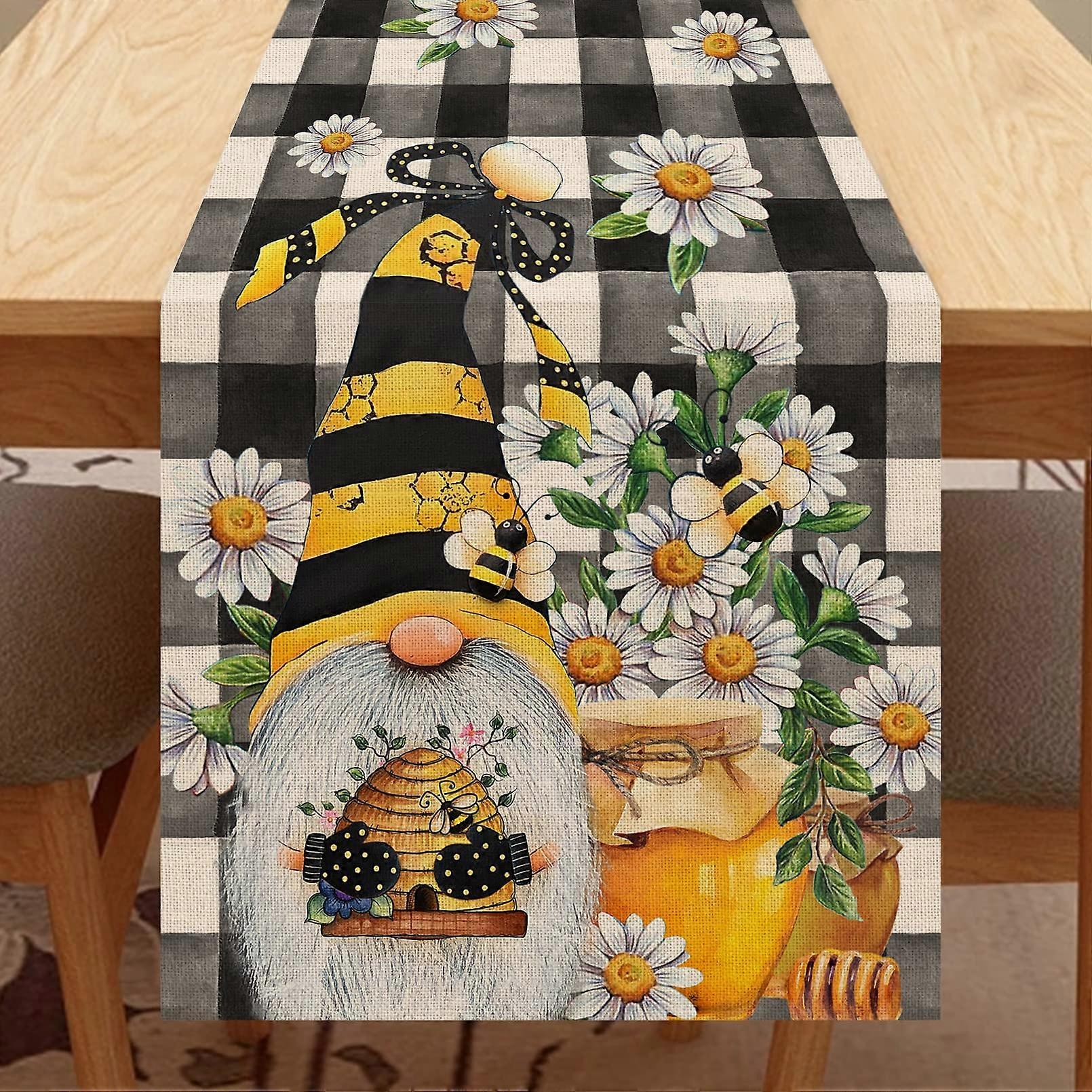 Spring Bee Gnome Table Runner, Honey Black White Plaid Check Home Kitchen Dining Decor