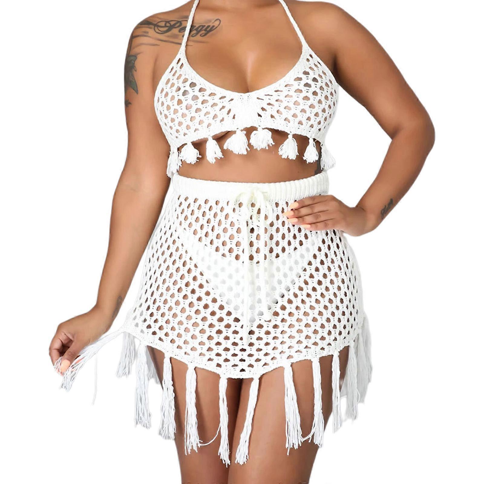 Damer Split Baddräkt Bekväm Tofs Rutnät 3-delad Spaghetti Baddräkt Tryck upp Omlott Strandkläder Samla Bikini Set Vit S