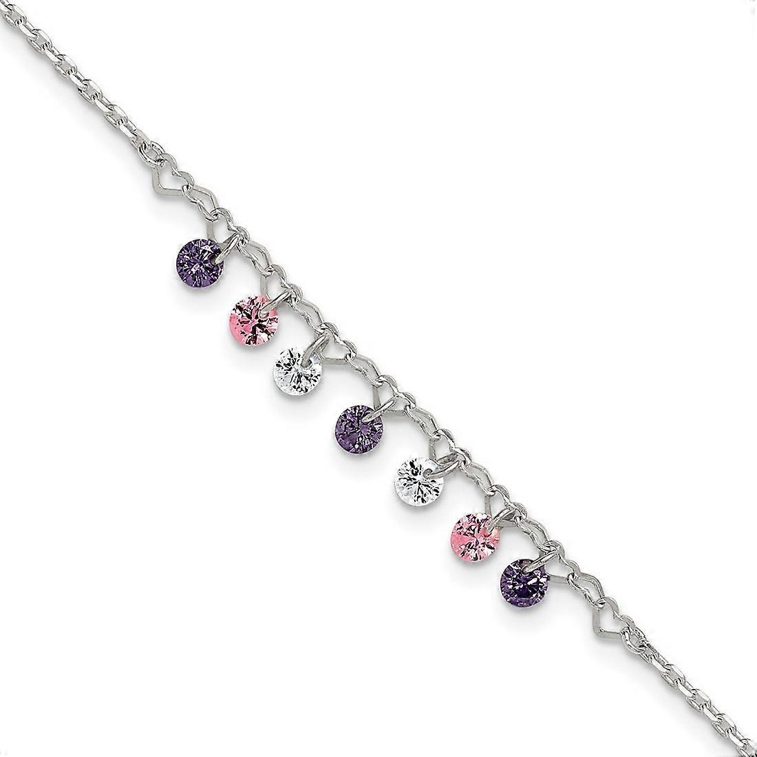 1.2mm 925 Sterling Silver Polished Multicolor CZ and Love Hearts Plus 1in Extension Anklet 9 Inch-Anklet for Women