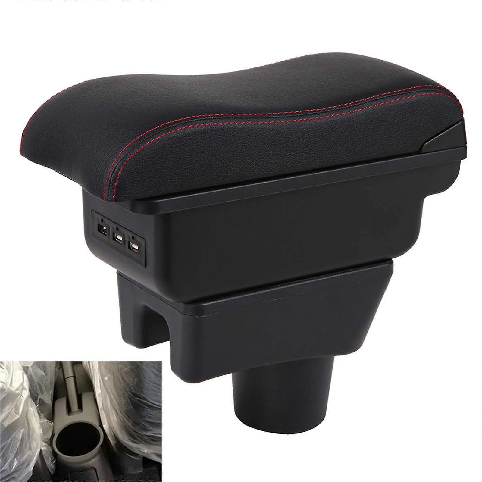 Double Layer Armrest Box for Mitsubishi Mirage 2014 Car Interior Storage Center Console with 3 USB Port (Black with Red Thread)