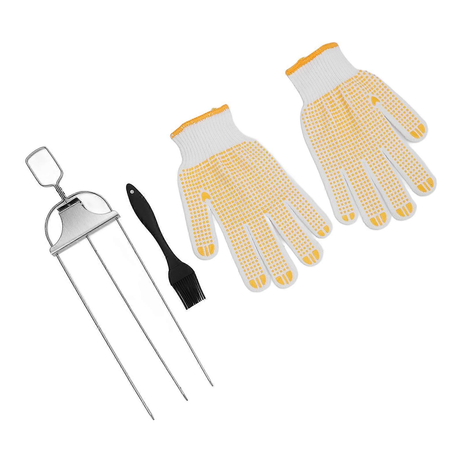 Ensemble de brochettes à 3 broches en acier inoxydable avec pinceau à huile et gants, fourchette de 35,6 cm