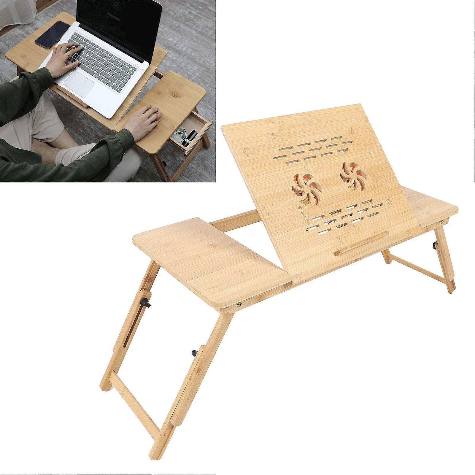 Mesa de laptop de bambu com ajuste de altura e ângulo Bandeja de cama dobrável com 2 ventiladores de resfriamento e gaveta de armazenamento pequena 