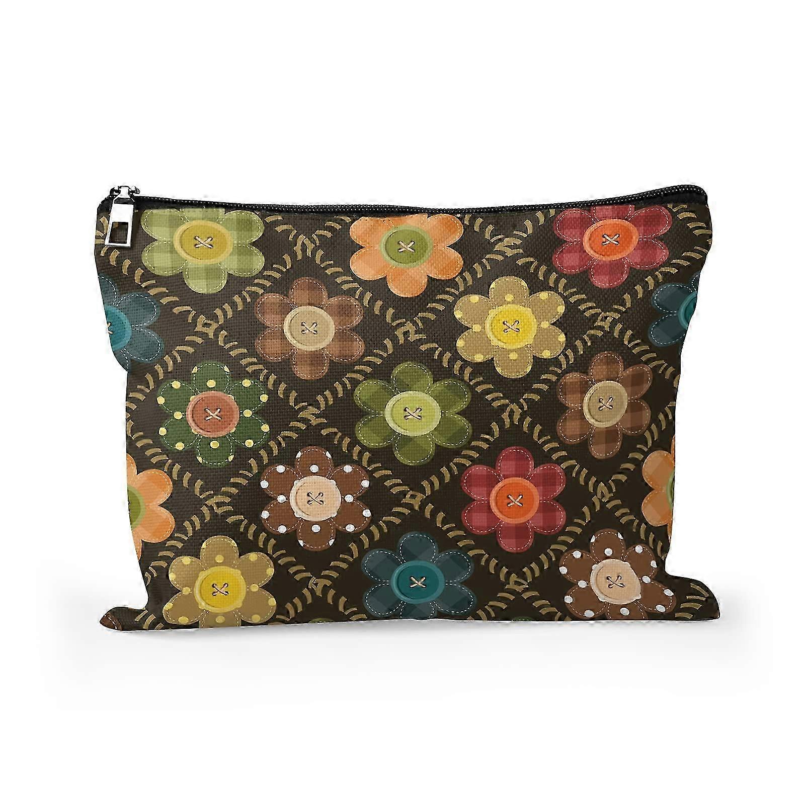2025 1-Piece Patchwork Flowers Makeup Bag, Vintage Button Toiletry Organizer