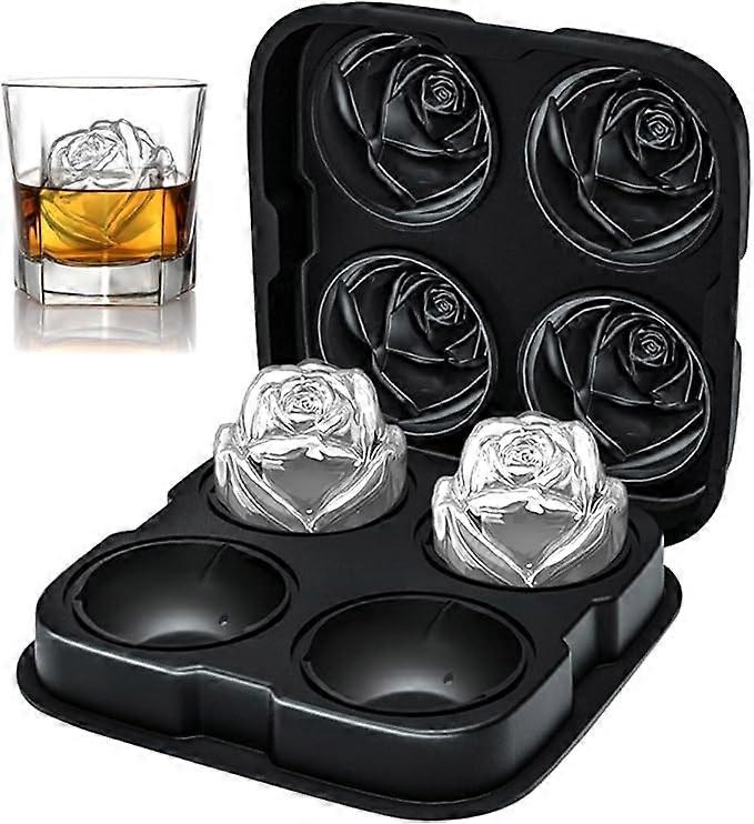 Ice Cube Tray With Lid - 4 Ice Cubes - Rose Shaped Ice Cubes - Ice Cube Maker - Silicone Ice Molds - Gift - Ice Cubes - Perfect for Whiskey, Cocktail