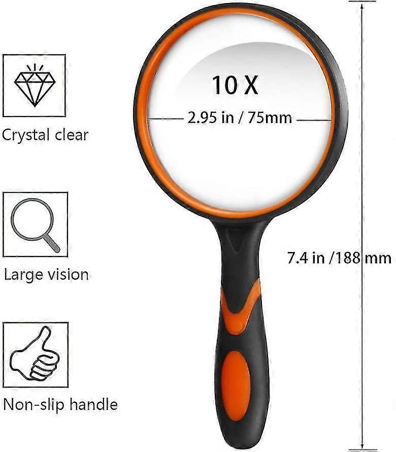 10X Reading Magnifier with Non-Slip Soft Rubber Grip 75mm Magnifying Glass and Shatterproof Mirror