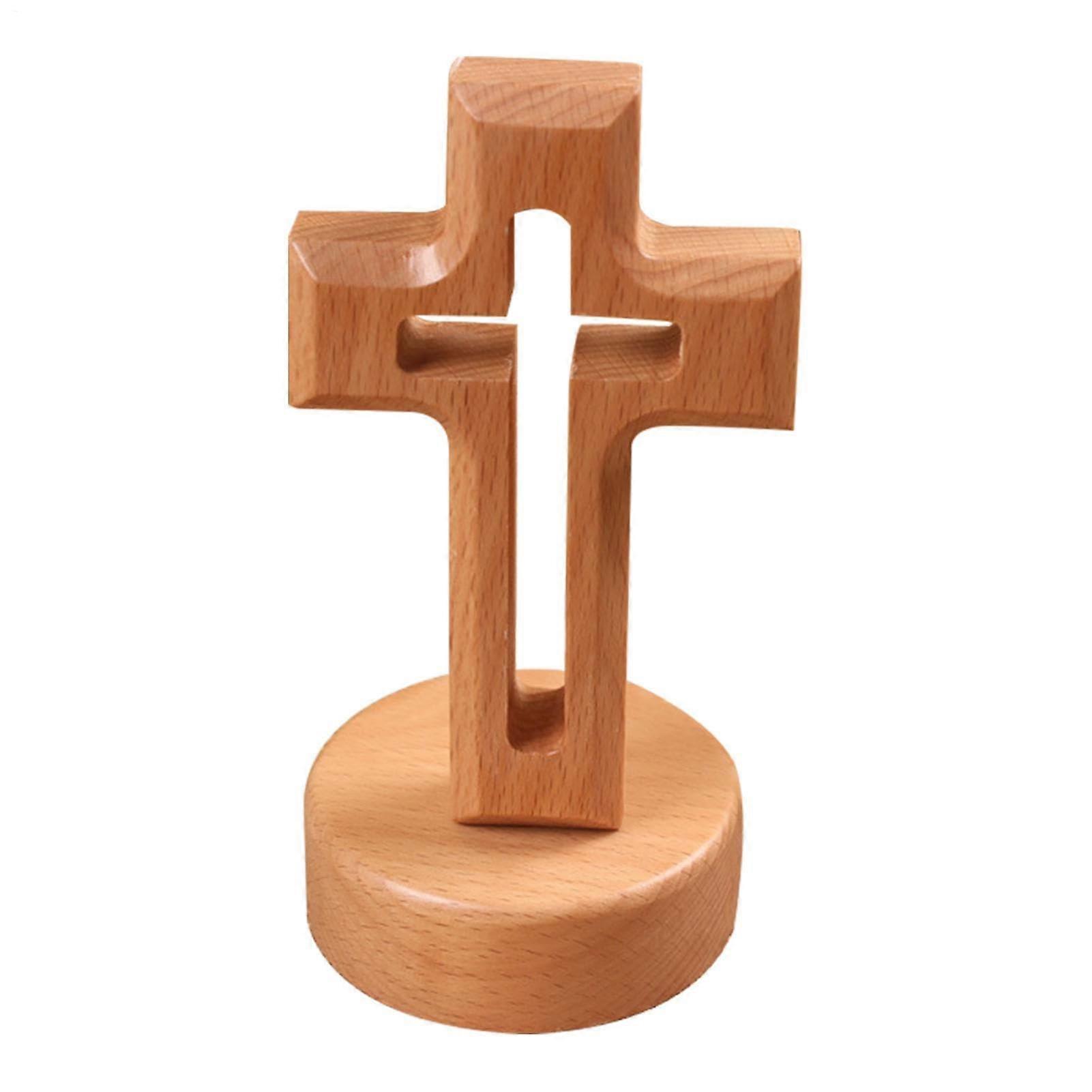 Wood Cross Table Decor with Rustic Wooden Stand for Christian Home or Church Display