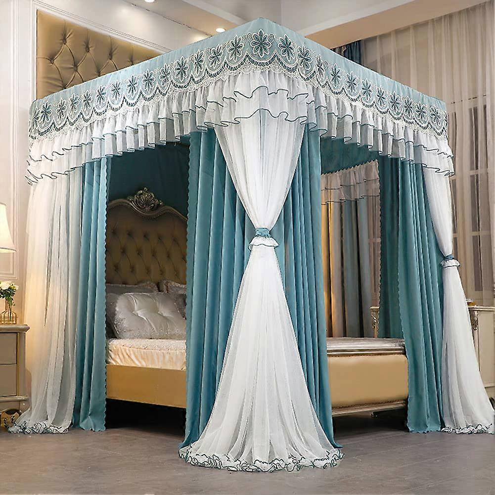Princess Four Poster Bed Canopy Net Double Layer Blackout Curtains King Size Bed Floor Standing Canopy with Frame Bedroom Curtain