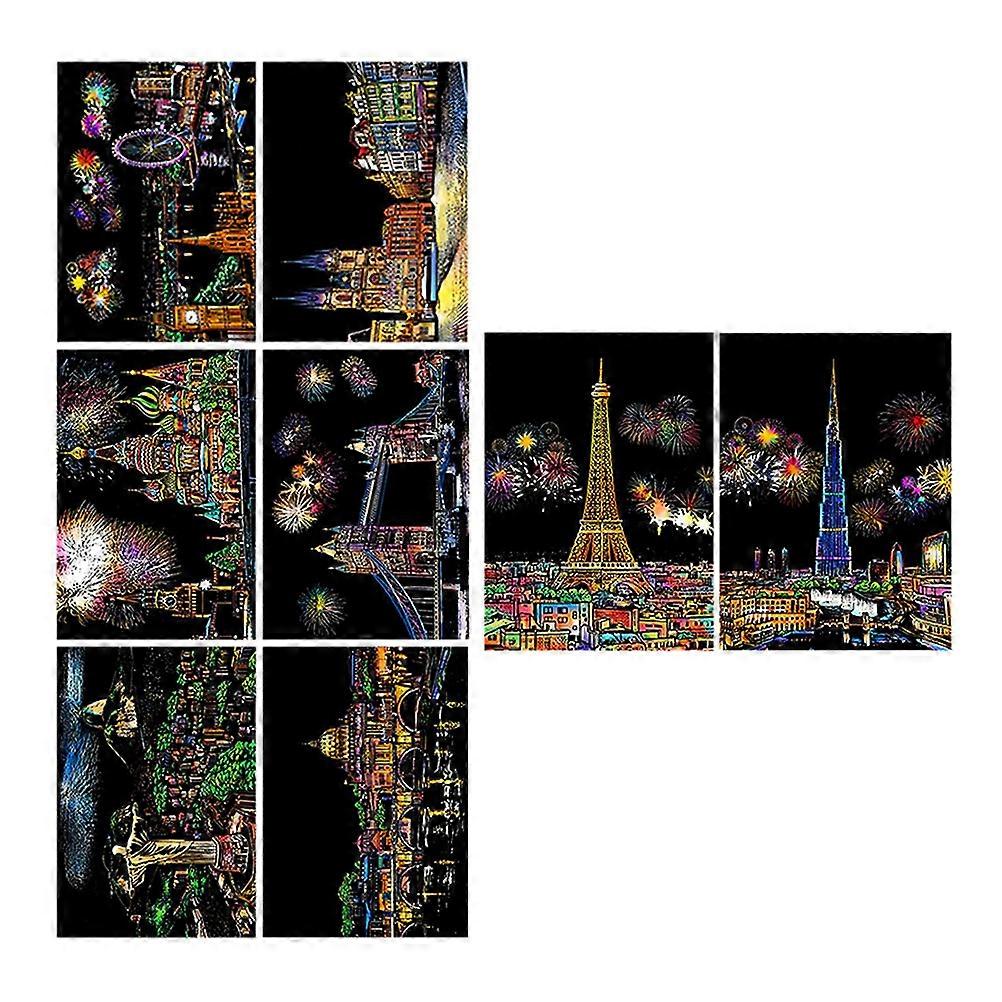 Colorful City Night View Scratch Paper Art – Creative Home Decor Craft with Hidden Patterns for Classroom and Kindergarten Use