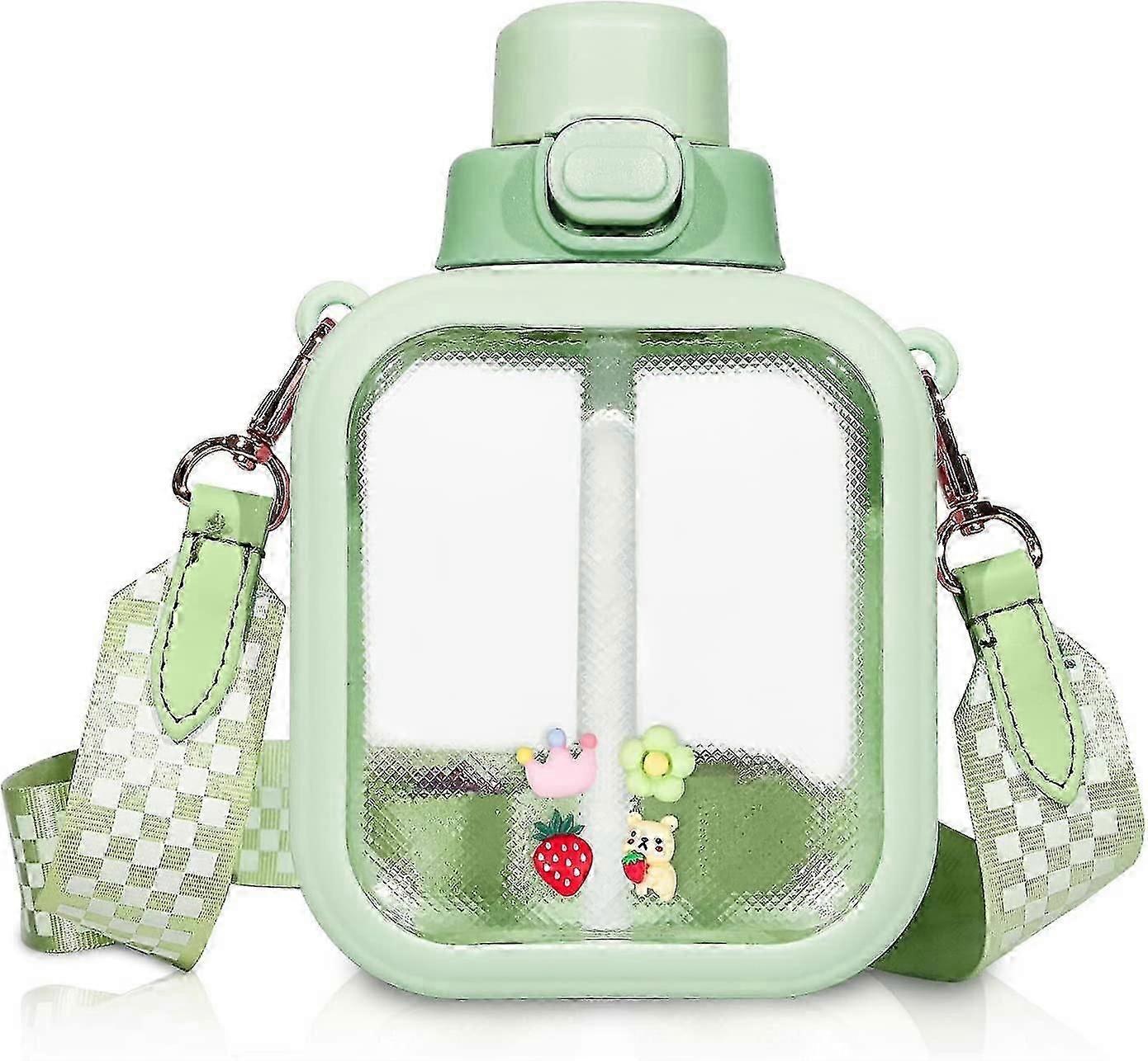 Kawaii زجاجة ماء لطيف زجاجات المياه مربعة مع القش ، كوب ماء السفر المحمول مع حزام قابل للتعديل مع ملصق عشوائي للهدايا المدرسية المكتبية