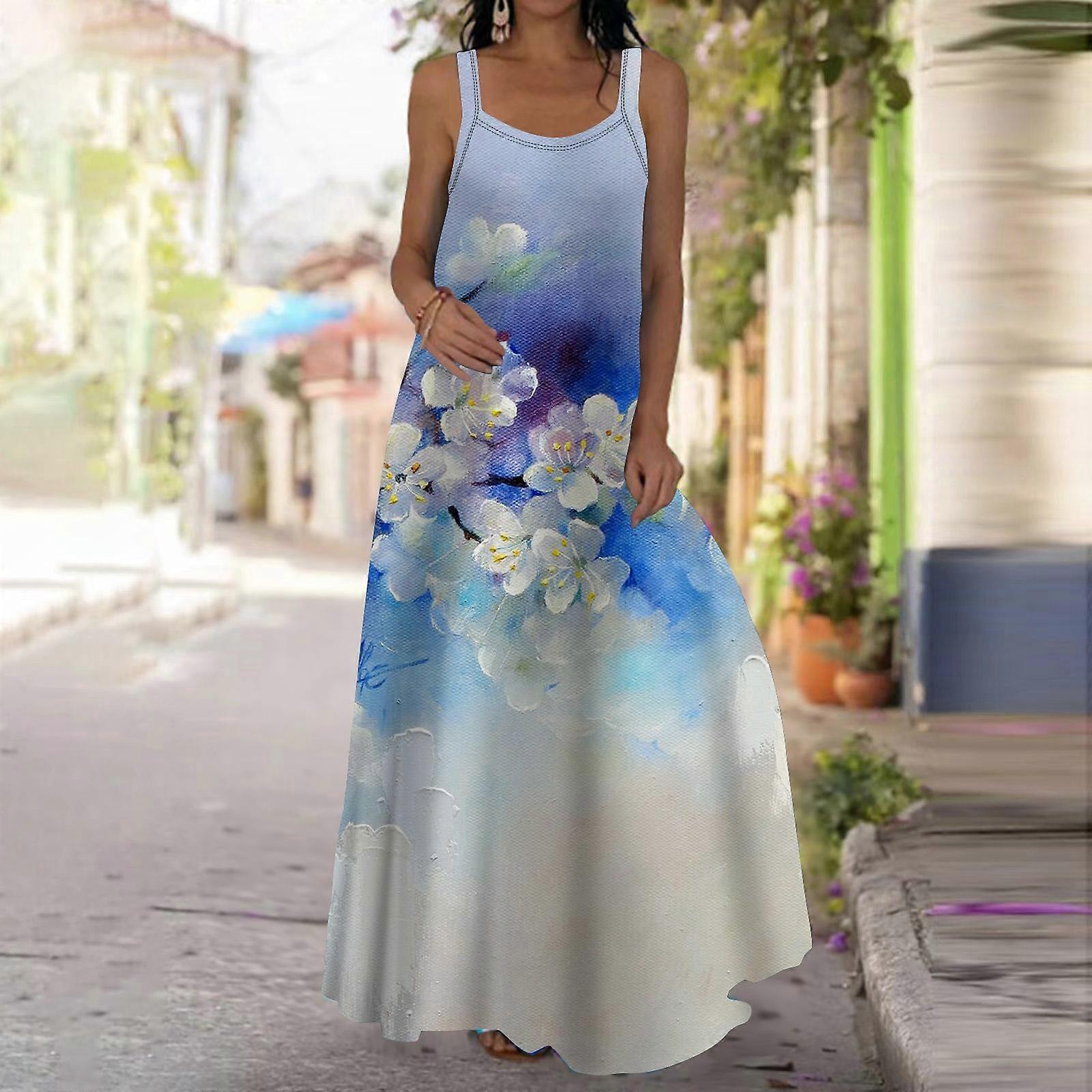 Dam Underklänning Maxi Långklänning Blå Delfintryck Klänning Vår & Sommar Fritid Semester