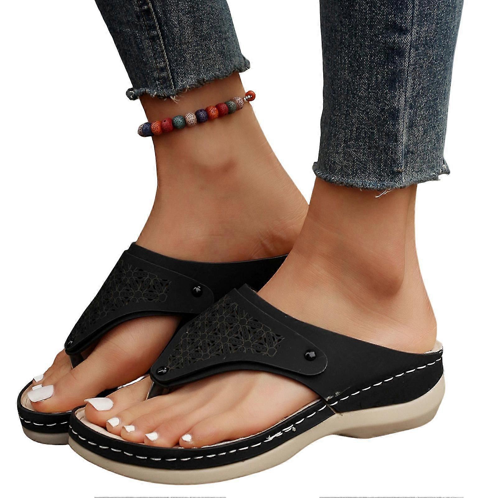 Woman Soft Leather Flip-flops Solid Color Sandals Open-toe Shoes For Outdoor Walking Travelling