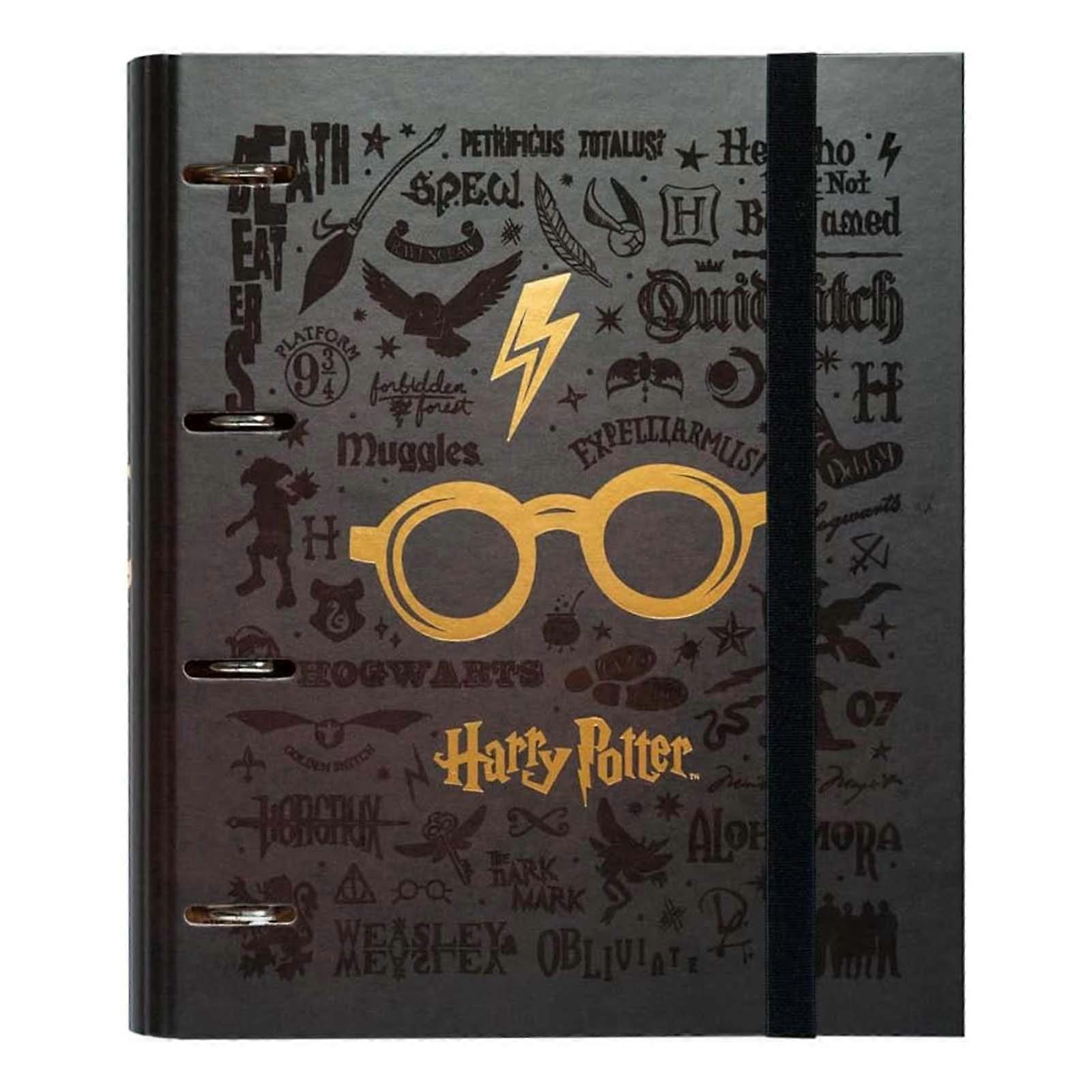 A4 binder 4 Metal Round Rings with Elastic and 100 A4 Sheets, Black / Gold