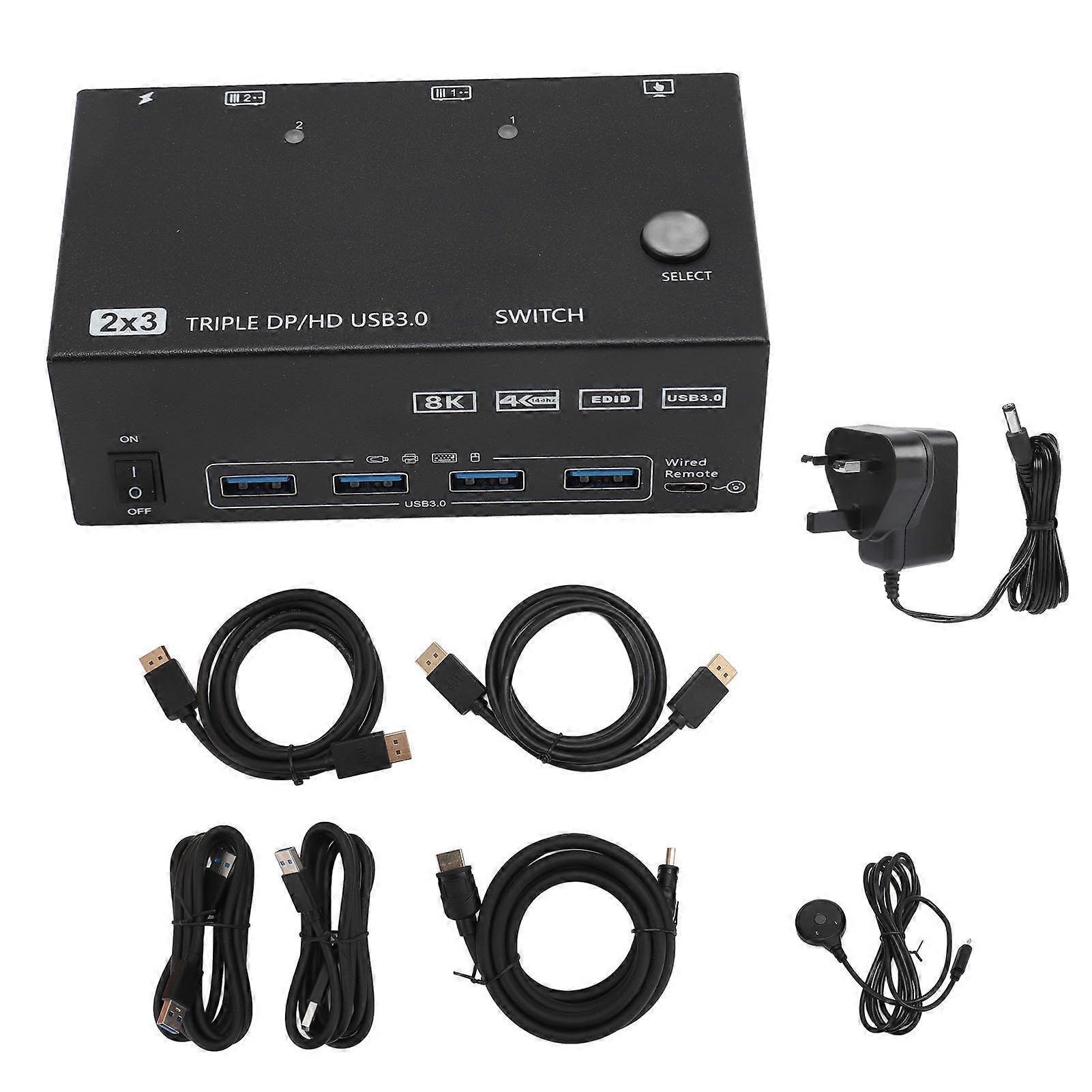 USB 3.0 KVM Switch 2 in 3 Out 8K 30Hz 4K 144Hz EDID Simulator for 2 Computers UK Plug