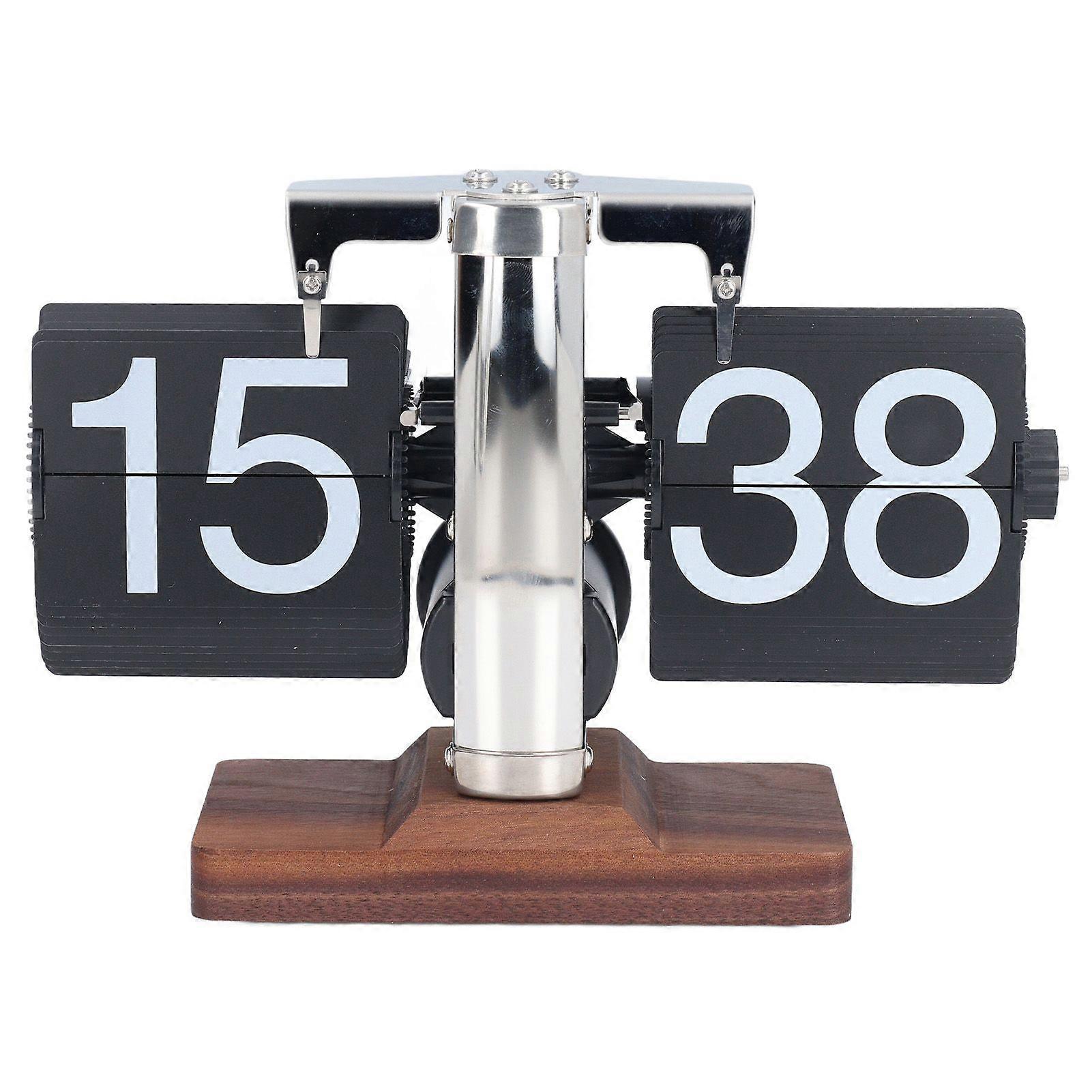 Flip Desk Clock Auto Retro Wood Base Easy to Read 24 Hours Mechanical Flip Clock for Living Room Study Room Black