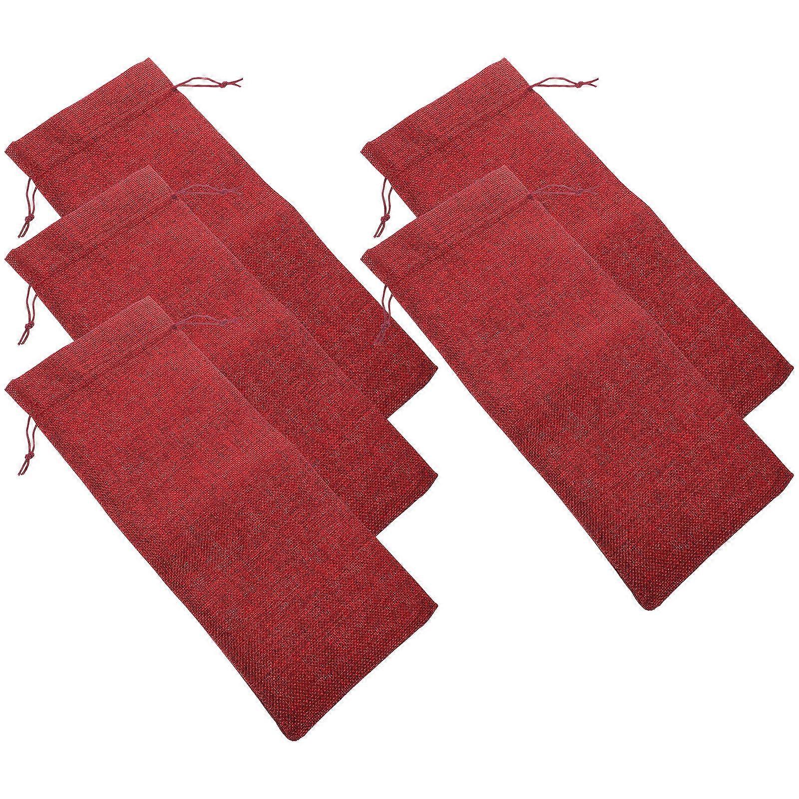 Cover For Christmas Celebration 5Pcs Red Drawstring Closure Linen Storage Holder