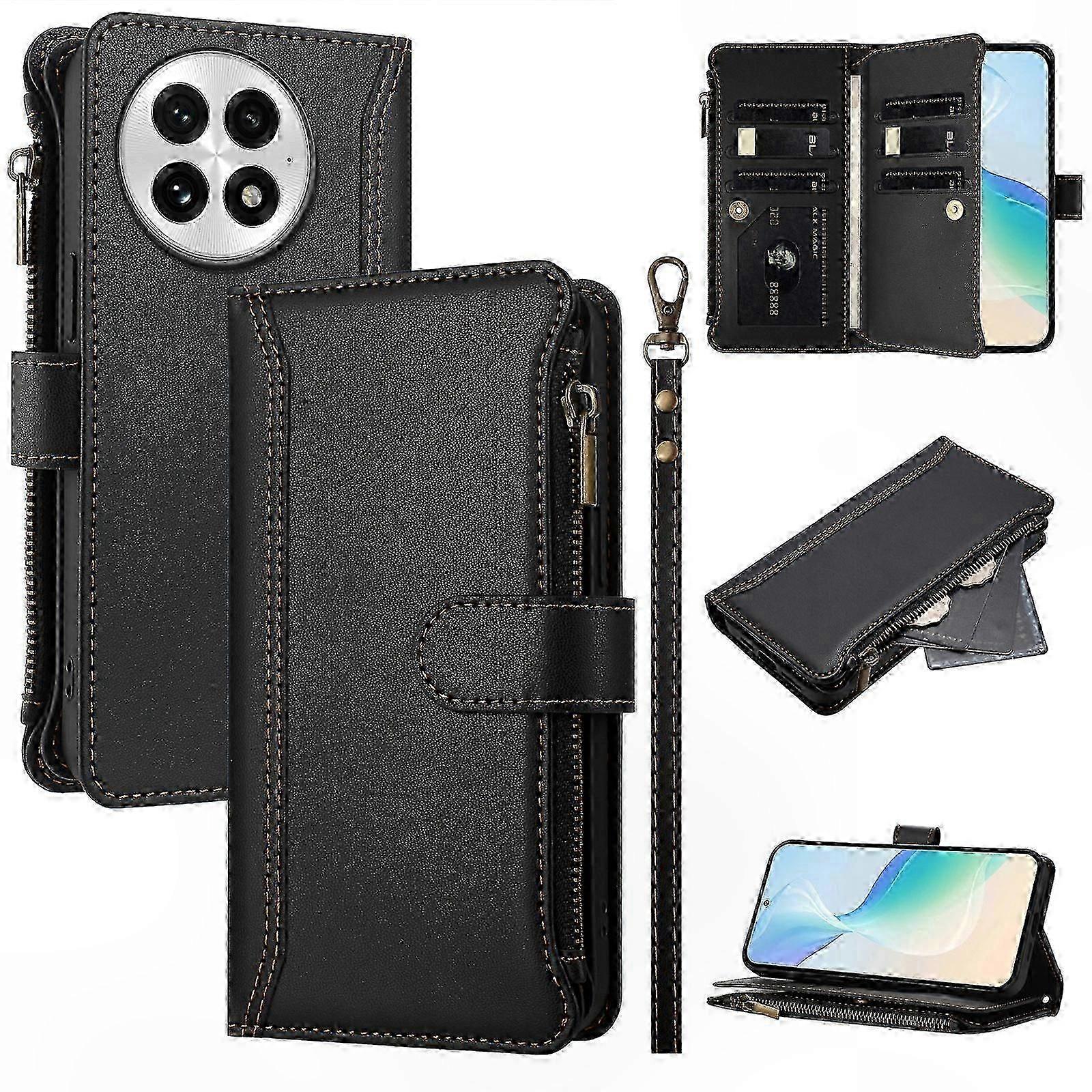 Leather Wallet Case with Card Slots and Zipper for Phone with Stand Function and Wrist Strap