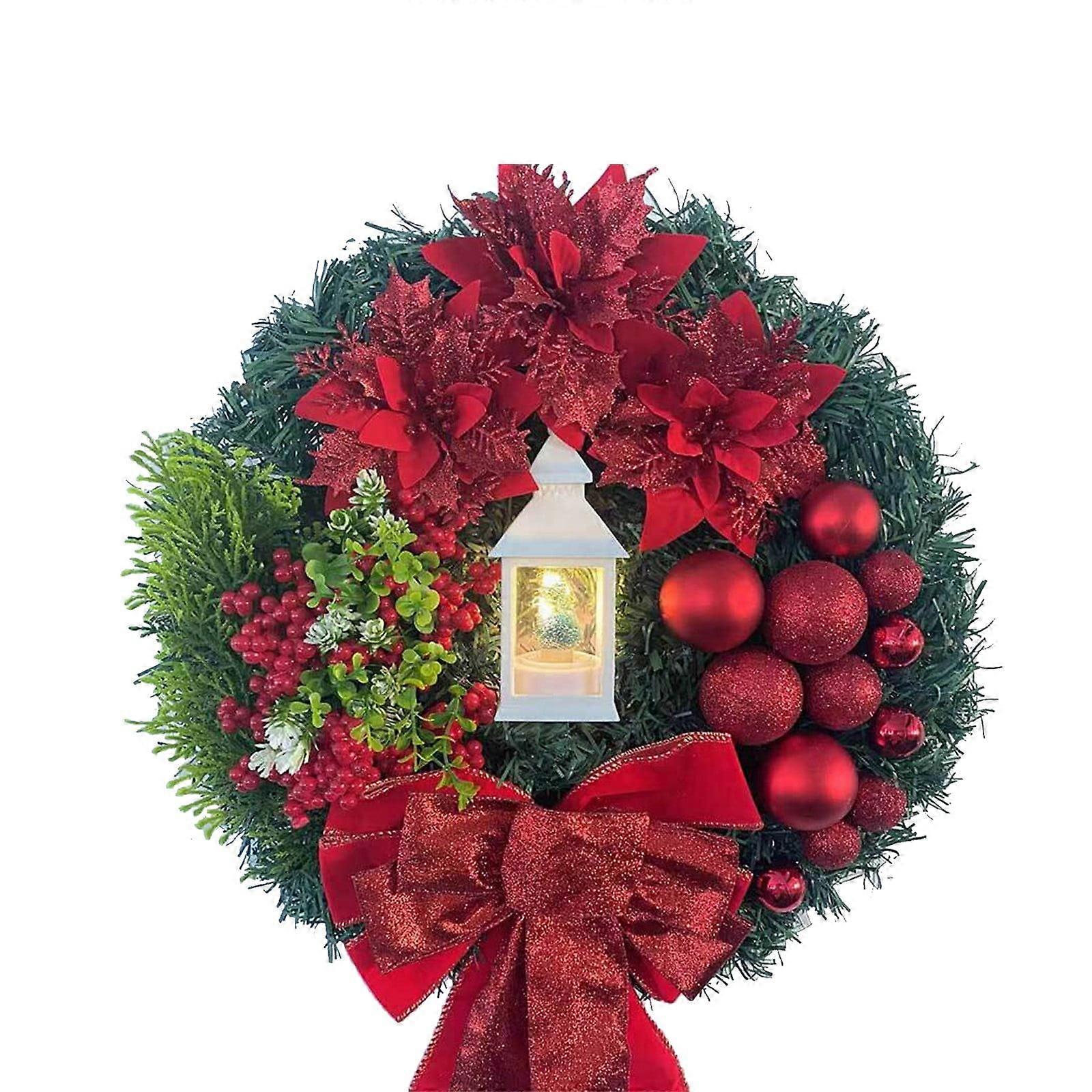 Lighted Large Red Christmas Wreath for Front Door, Artificial with Bow, Berries, Balls, No Withering, Home Window Decor