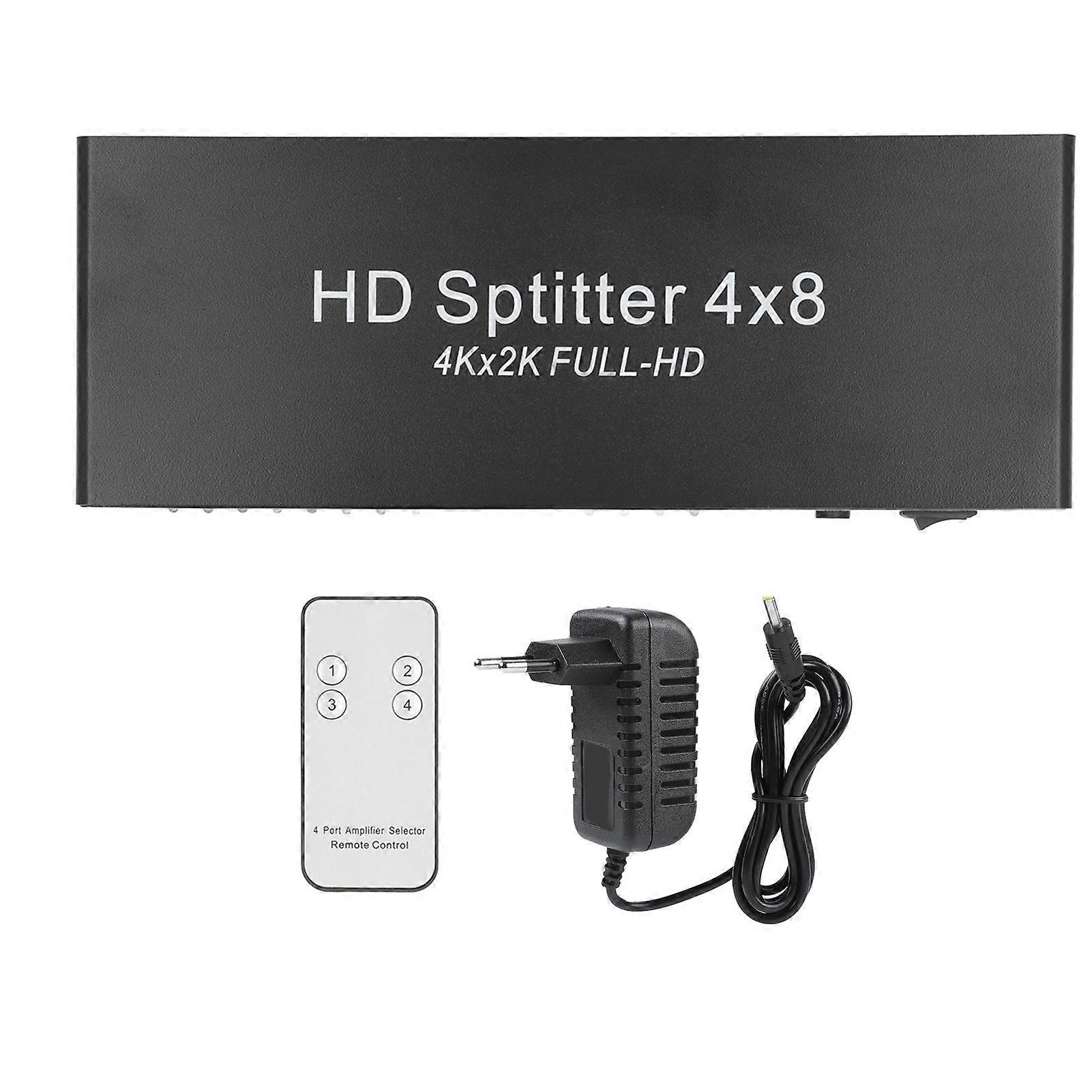 4K HD Multimedia Interface Splitter 4 in 8 Out HD Multimedia Interface Screen Spliter Switcher with Remote Control 100240V EU Plug