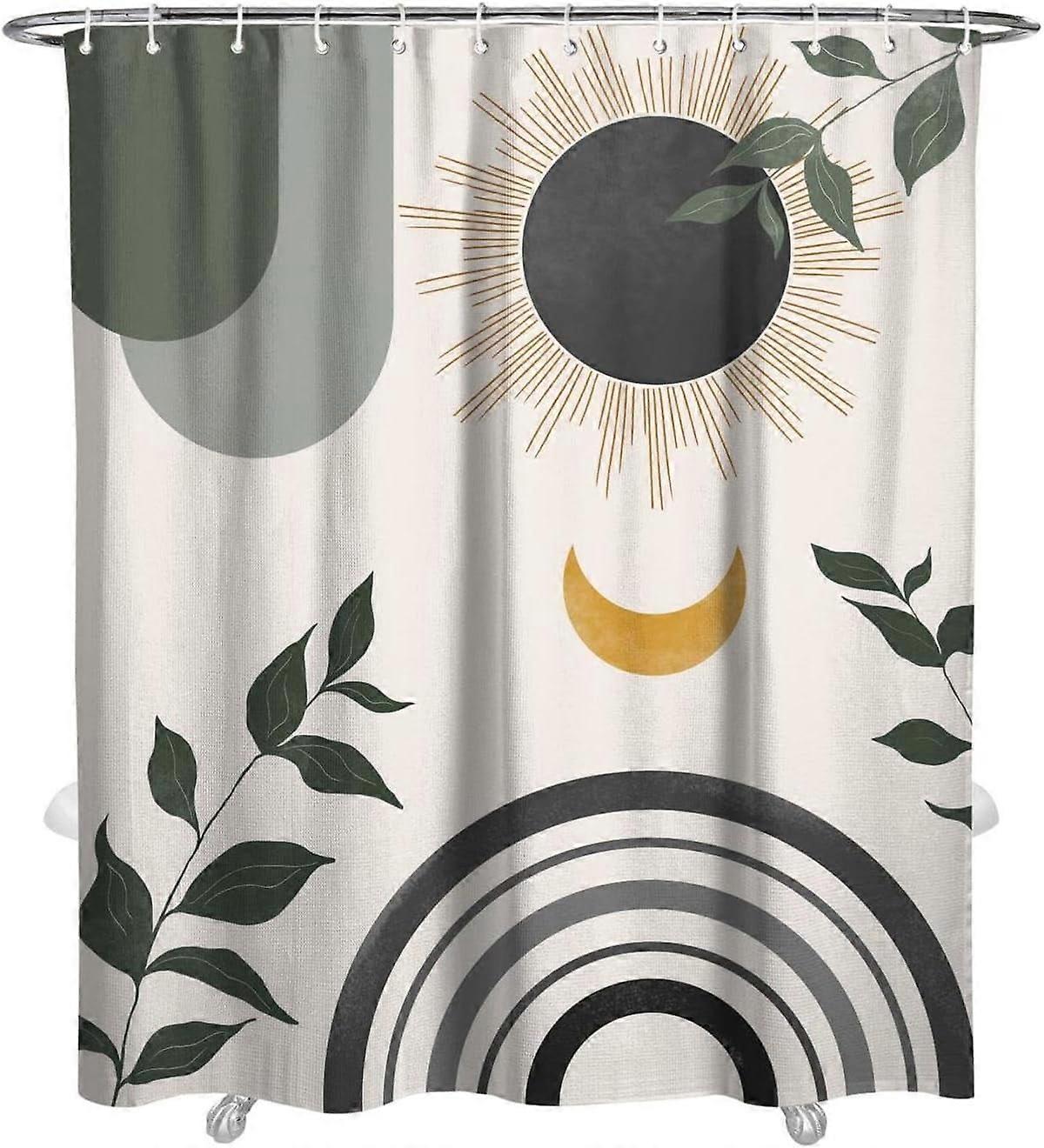 Mid Century Abstract Boho Shower Curtain Set, Gray Leaf Sun Design, 72x84 Inch with 12 Hooks, compatible with standard rods