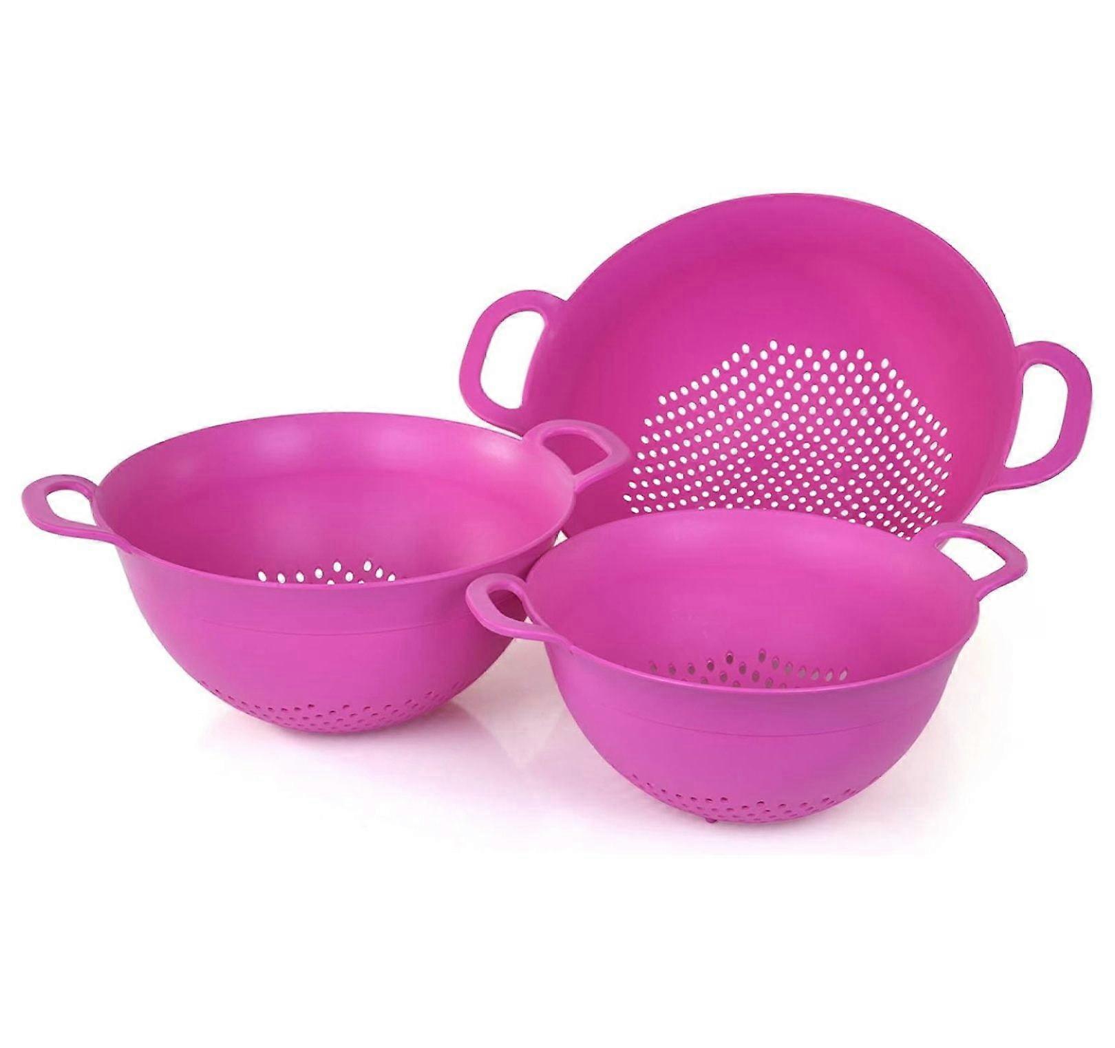 Plastic Strainer Colanders Set: 3, 3.5 & 5 Quart (Fuchsia) Double Strong Handles, Deep Bowl, BPA-Free - for Pasta, Vegetables (3pc Assorted)