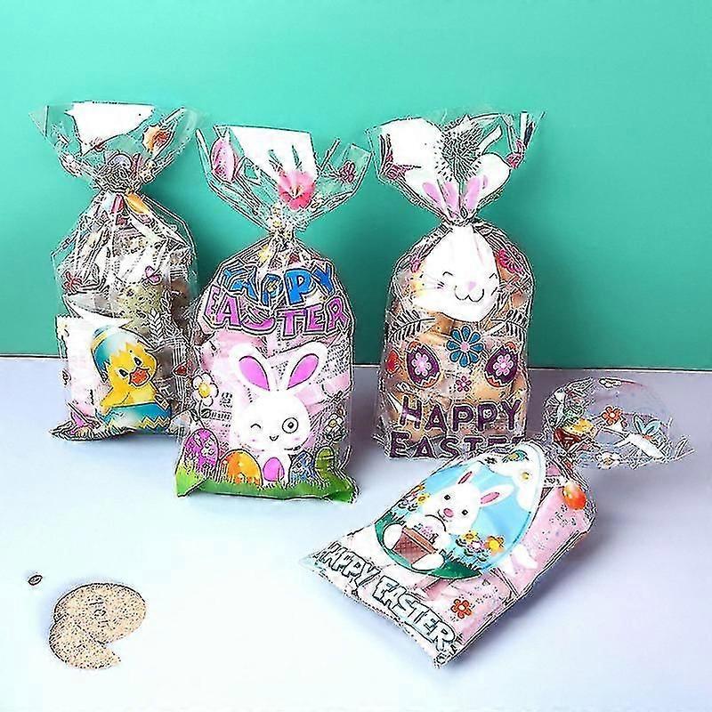 50pcs Easter Gift Bags With Tie Wire Bunny Eggs Plastic Packaging Candy Bags