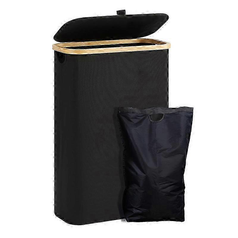 Laundry Basket with Lid 48-Litre Large with Laundry Bag Collapsible Laundry Baskets with Handles Bamboo Laundry Bin Black 25-26