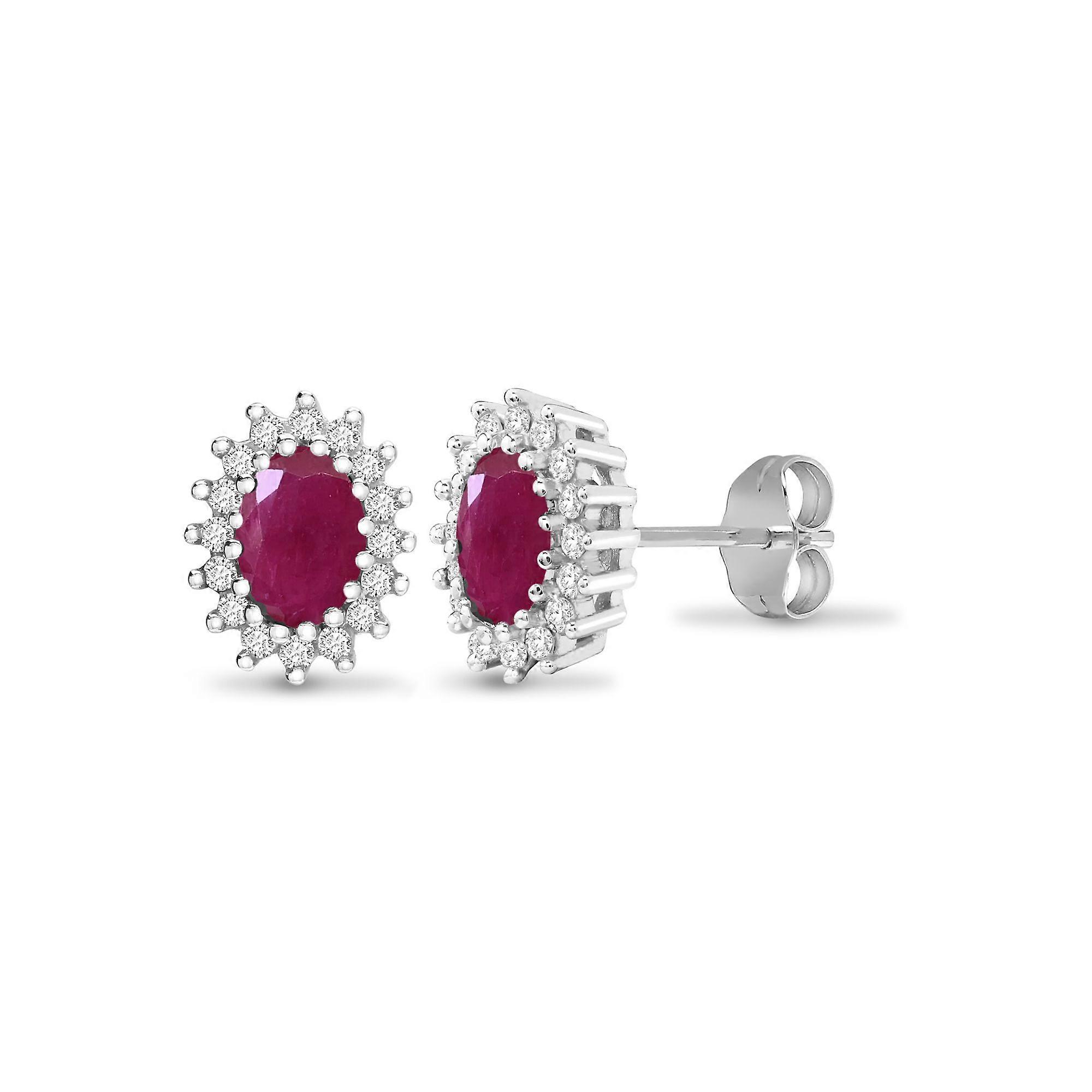 Jewelco London Ladies 9ct White Gold Cluster Set Round H I2 0.25ct Diamond and Oval Red 1.2ct Ruby Cluster Stud Earrings