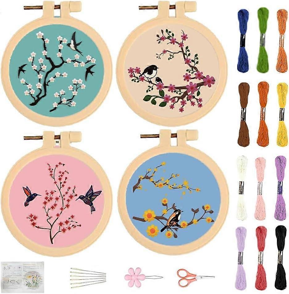 4 Set 3.7'' Small Embroidery Kit with Flowers & Birds Patterns, Compatible with Beginners, Includes Instructions for Needlepoint Craft Lovers