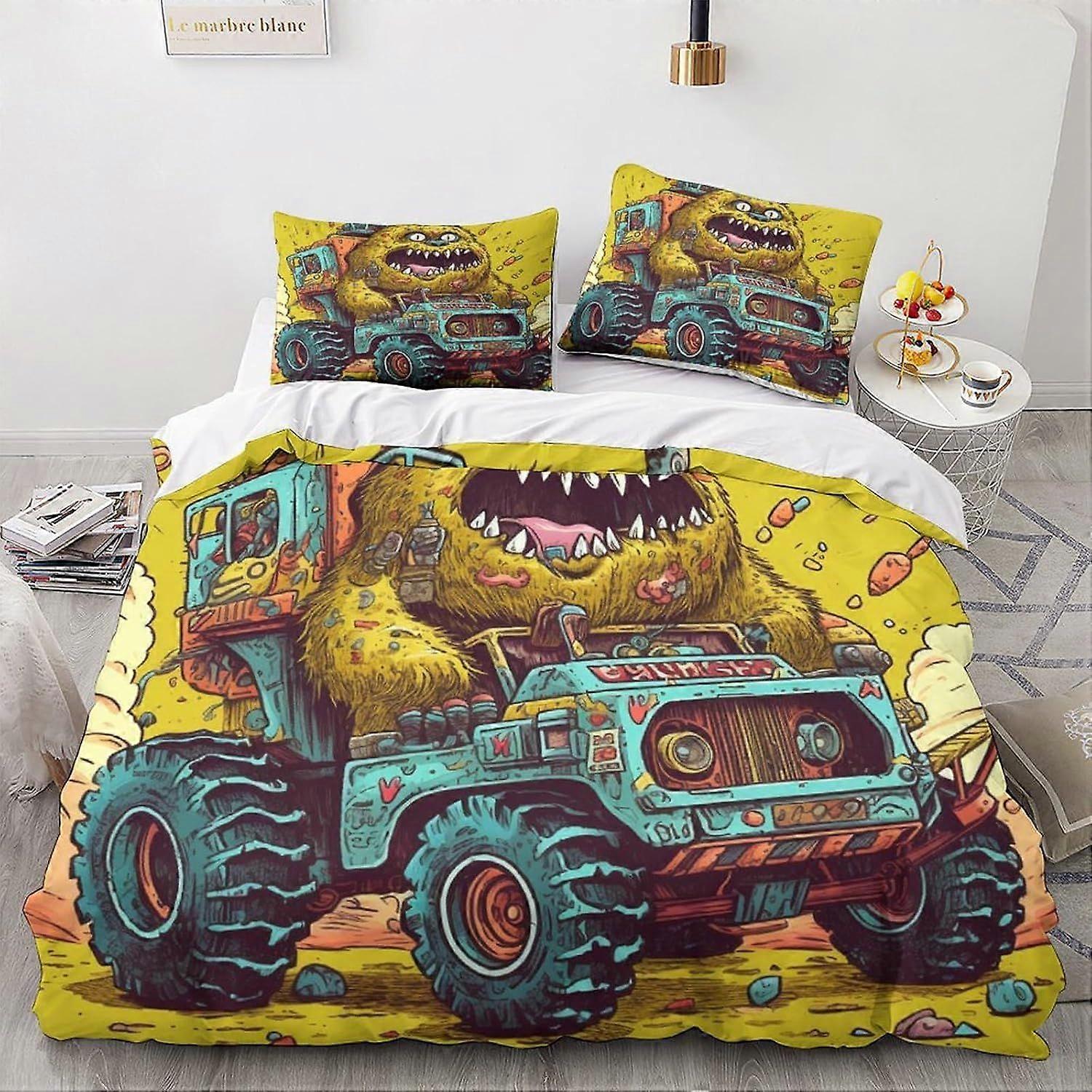 LikeEj monstro edredom capa set 3D cartoon padrão printe cama cama edredom capa conjunto, microfibra macia vintage carro colcha capa dupla