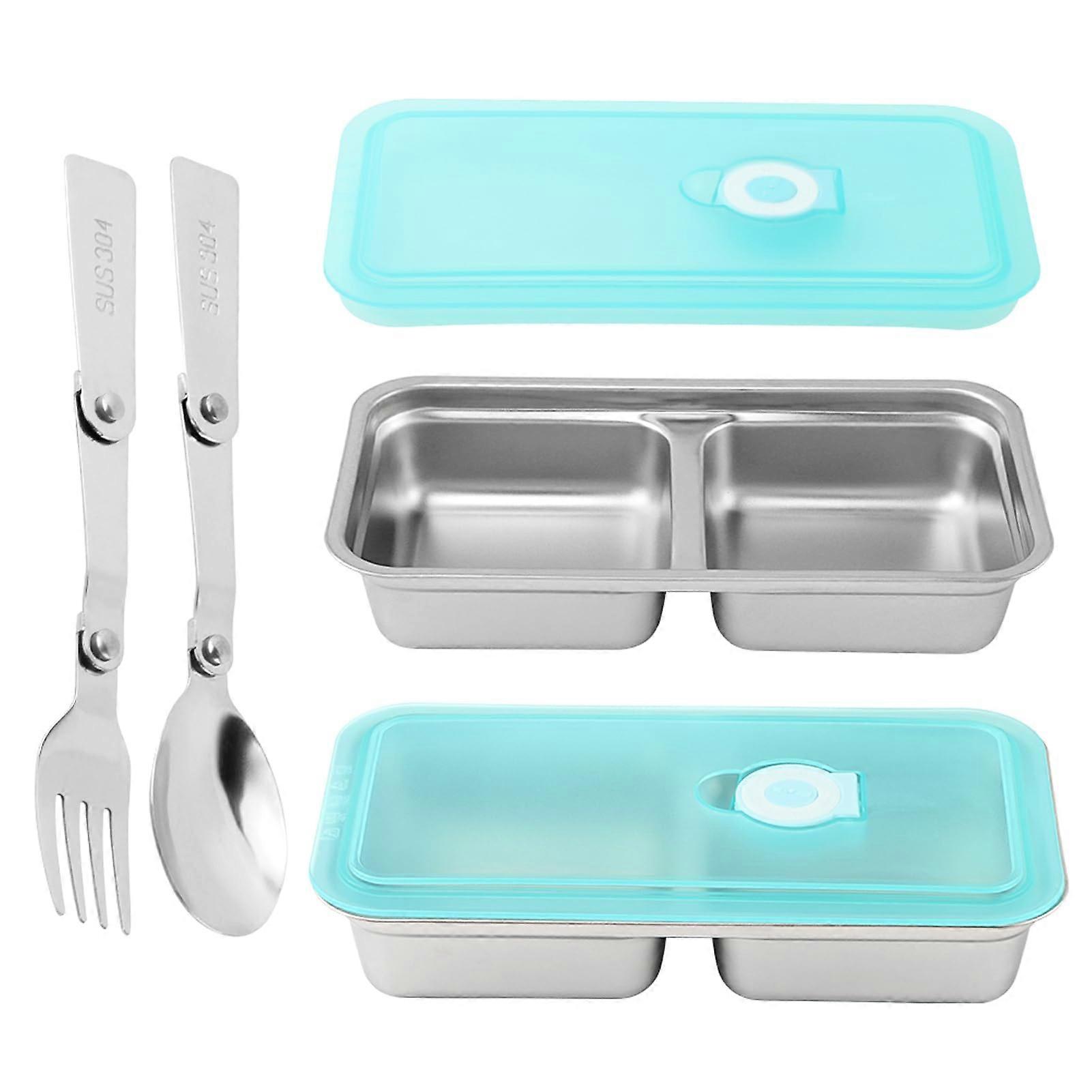 2 Pcs Stainless Steel Lunch Container with LeakResistant Lid, Two Compartments and Utensils for Travel Camping