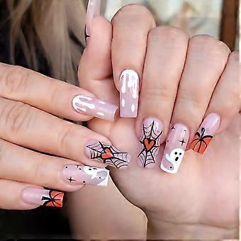 Halloween-Sarg-Kunstnägel zum Aufkleben, 24 Stück, lange künstliche Nägel mit Geister-, Kürbis- und Spinnennetz-Design für Damen