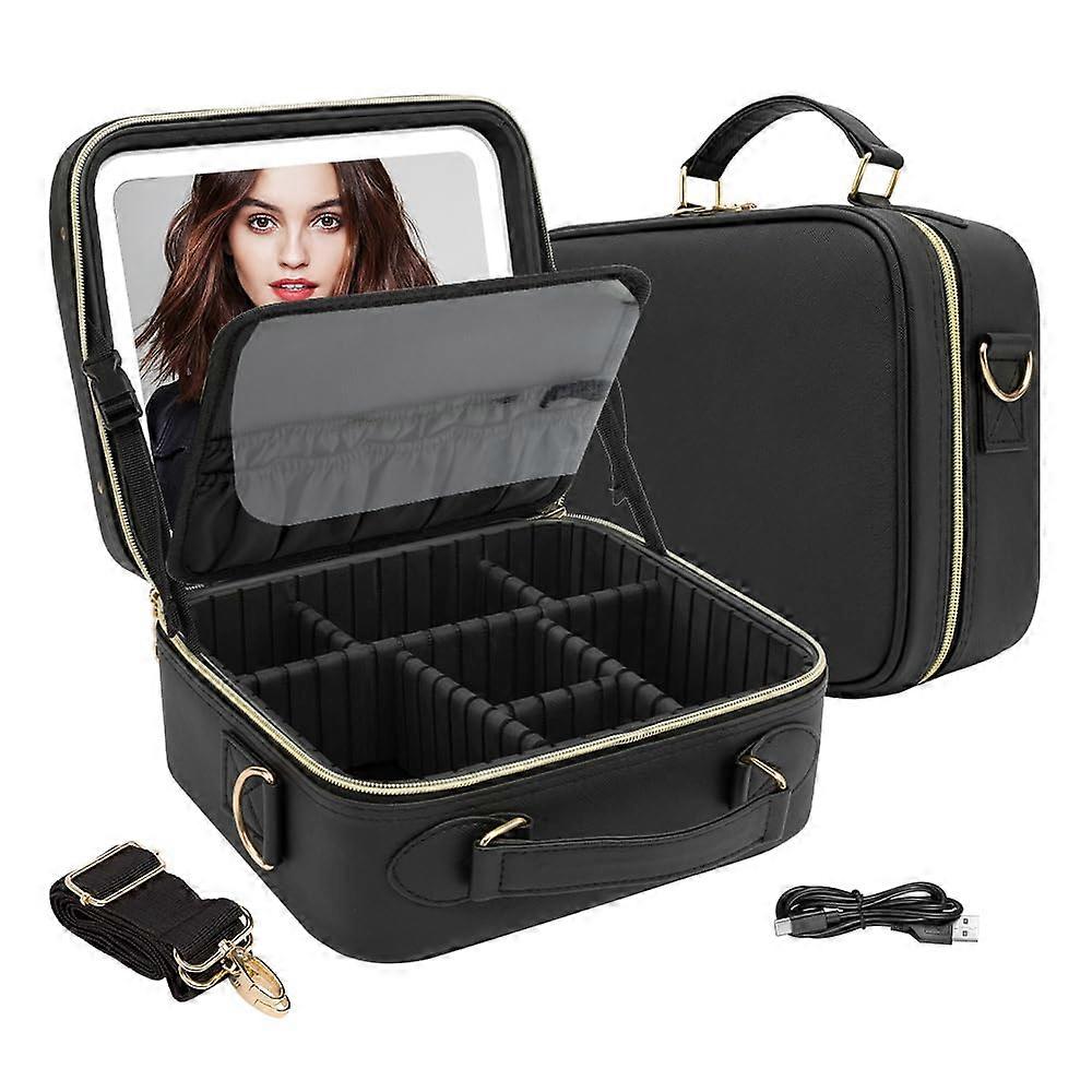 Makeup Train Case with Touch Control LED Mirror, Travel Cosmetic Organizer Bag, Black