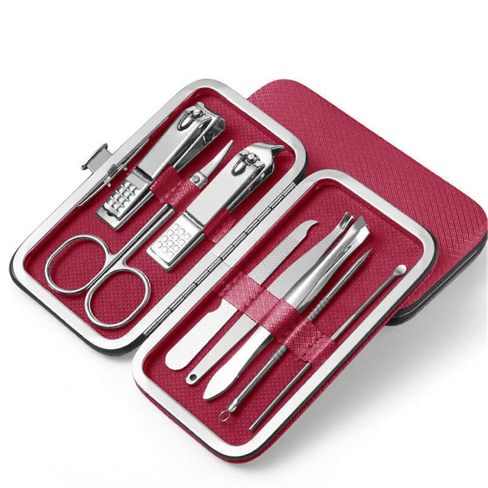 8Pcs Manicure Set with Stainless Steel RustResistant Tools, TravelFriendly Red Leather Case