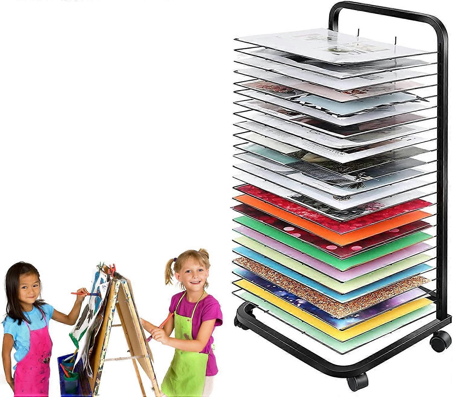 25Layer Art Drying Rack with Mobile Cart, Stackable Shelves Stainless Steel for Classroom and Studio